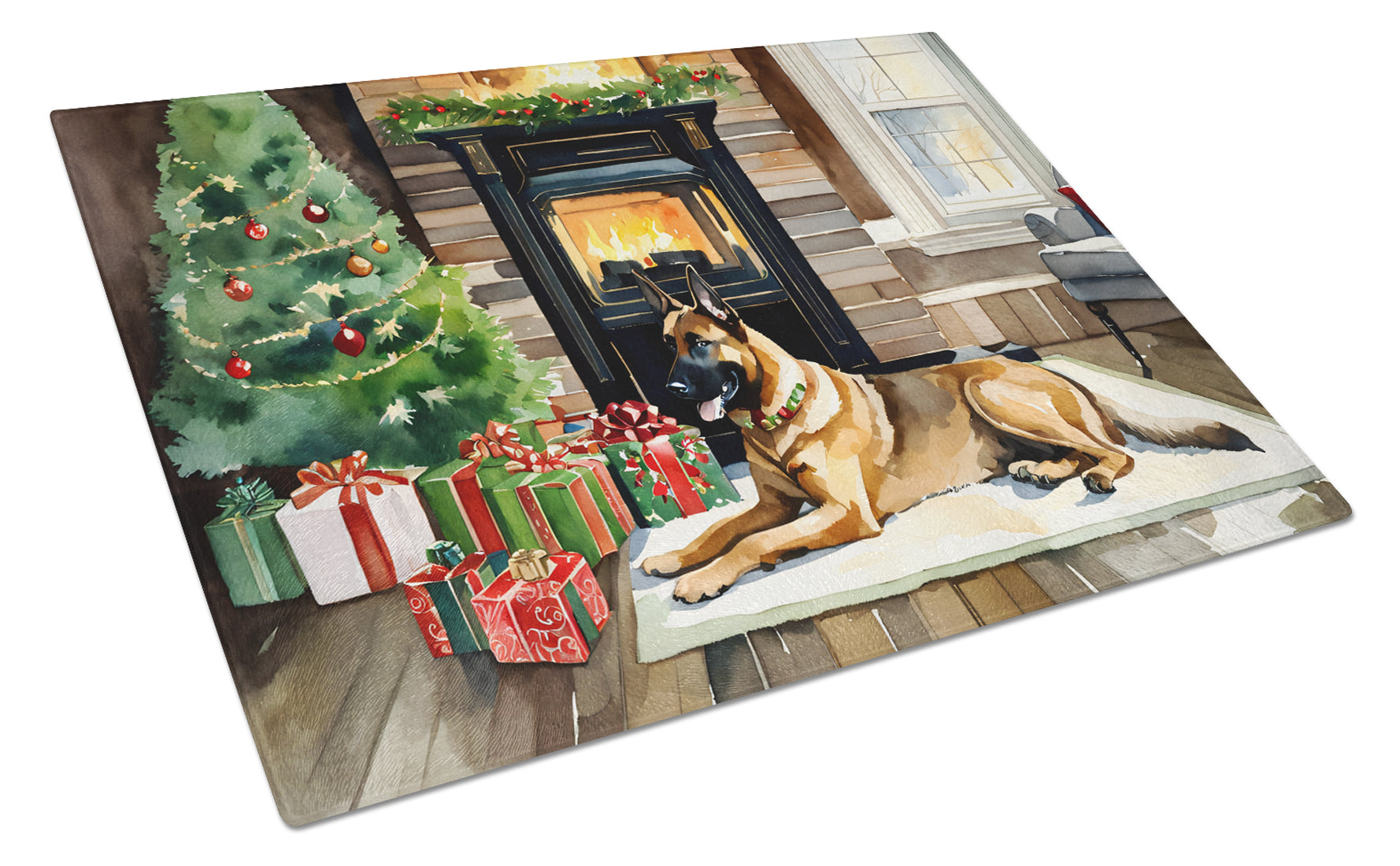 Belgian Malinois Cozy Christmas Cutting Board Tempered Glass Kitchen Cutting Surface, Heat Resistant Chopping, Non-Slip Feet, Food Prep & Serving