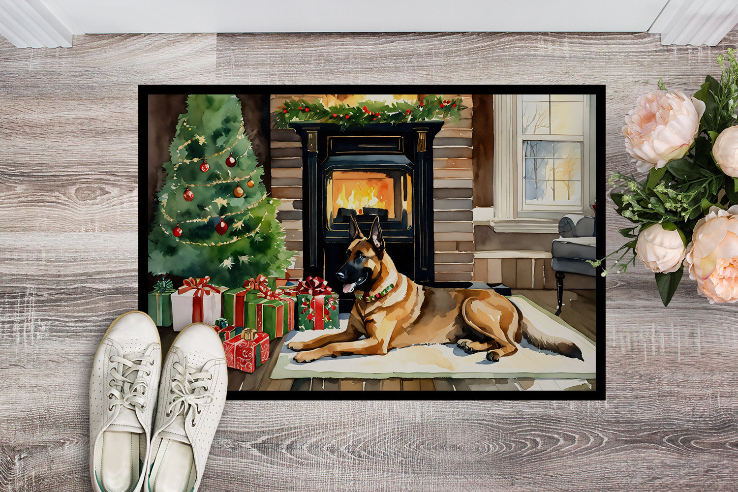 Belgian Malinois Cozy Christmas Doormat Indoor Outdoor 18H X 27W Front Door Mat Rugs for Entryway, Non Slip Washable