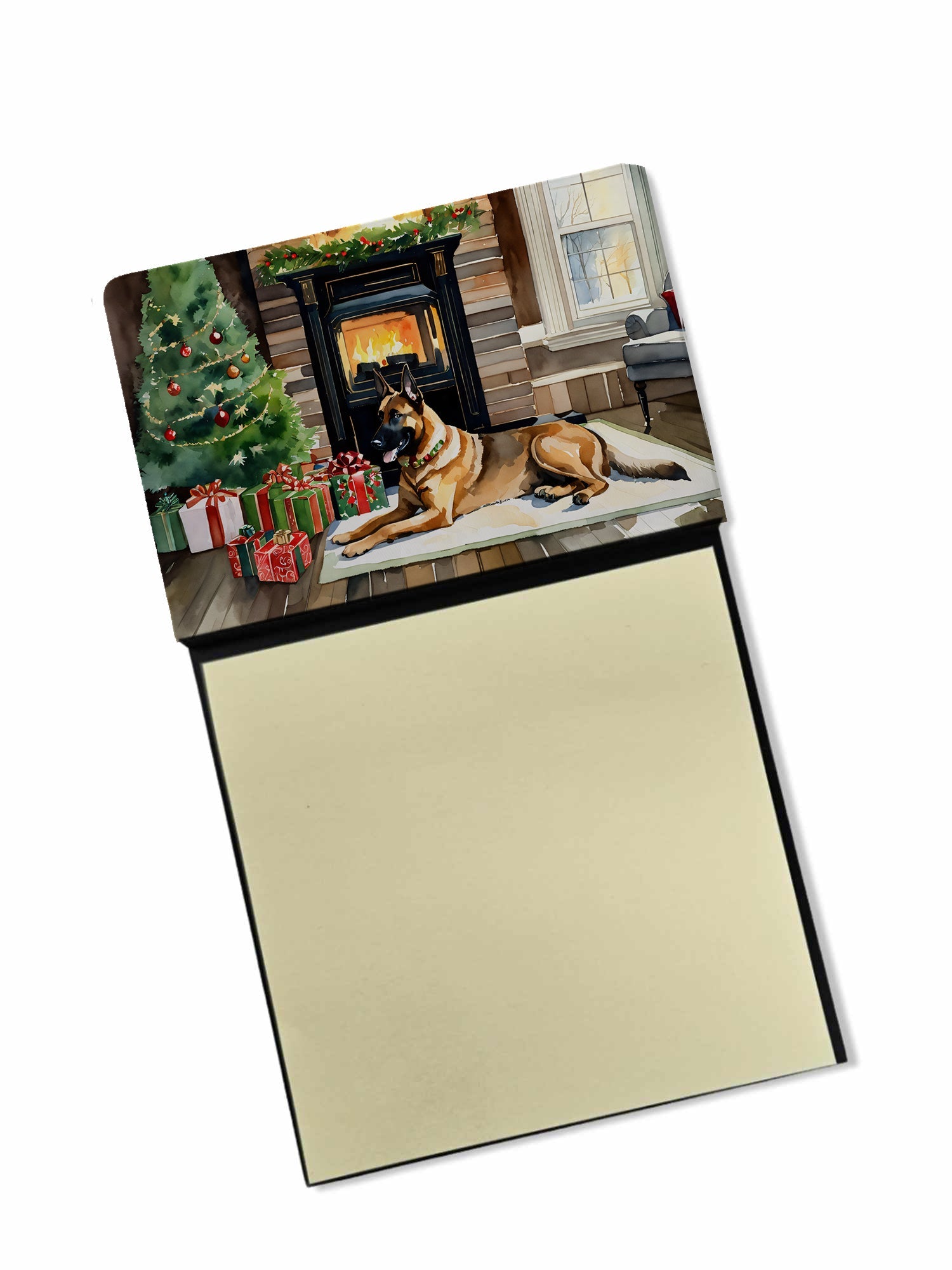 Belgian Malinois Cozy Christmas Watercolor Sticky Note Holder Refillable Dispenser Desk Accessory 3x3 Pad Gift