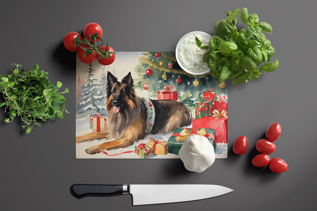 Belgian Tervuren Cozy Christmas Cutting Board Tempered Glass Kitchen Cutting Surface, Heat Resistant Chopping, Non-Slip Feet, Food Prep & Serving