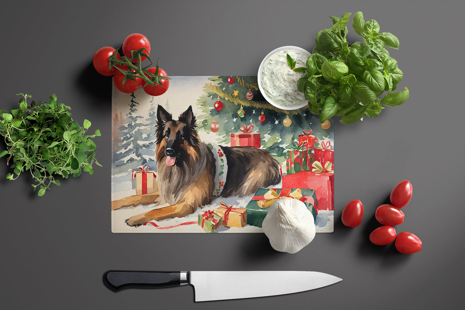 Belgian Tervuren Cozy Christmas Cutting Board Tempered Glass Kitchen Cutting Surface, Heat Resistant Chopping, Non-Slip Feet, Food Prep & Serving