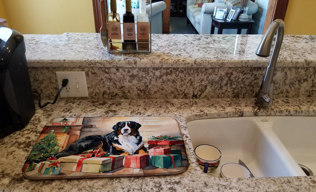 Bernese Mountain Dog Cozy Christmas Dish Drying Mat Absorbent Dish Drying Mat Pad for Kitchen Counter Dish Drainer Mat for Countertop, 14 x 21", Multicolor