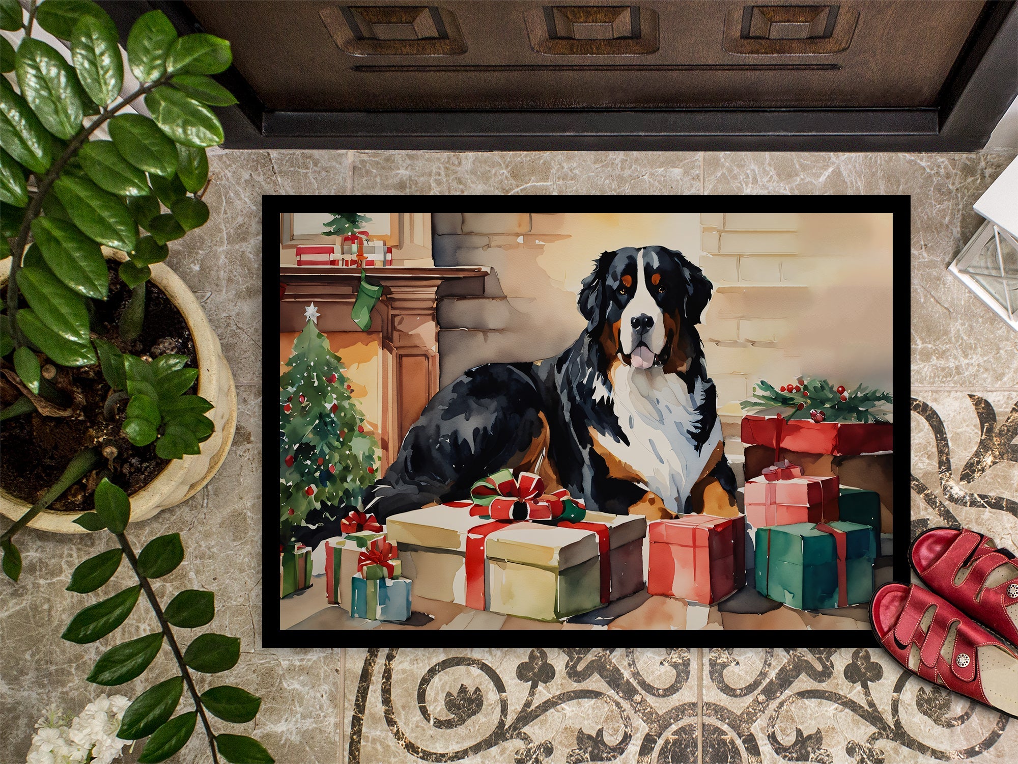Bernese Mountain Dog Cozy Christmas Doormat Indoor Outdoor 24H X 36W Front Door Mat Rugs for Entryway, Non Slip Washable Low Pile,