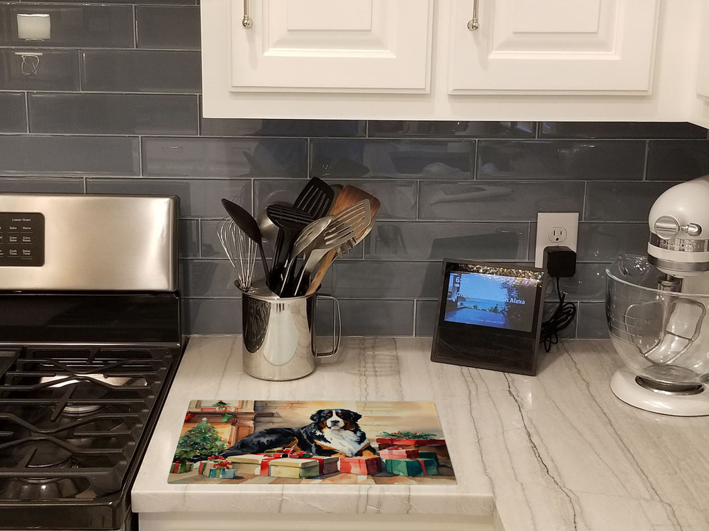 Bernese Mountain Dog Cozy Christmas Cutting Board Tempered Glass Kitchen Cutting Surface, Heat Resistant Chopping, Non-Slip Feet, Food Prep & Serving