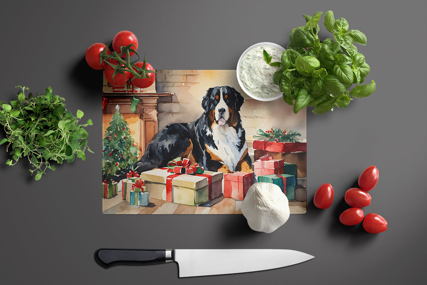 Bernese Mountain Dog Cozy Christmas Cutting Board Tempered Glass Kitchen Cutting Surface, Heat Resistant Chopping, Non-Slip Feet, Food Prep & Serving
