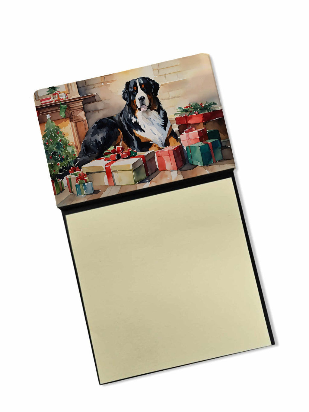 Bernese Mountain Dog Cozy Christmas Watercolor Sticky Note Holder Refillable Dispenser Desk Accessory 3x3 Pad Gift