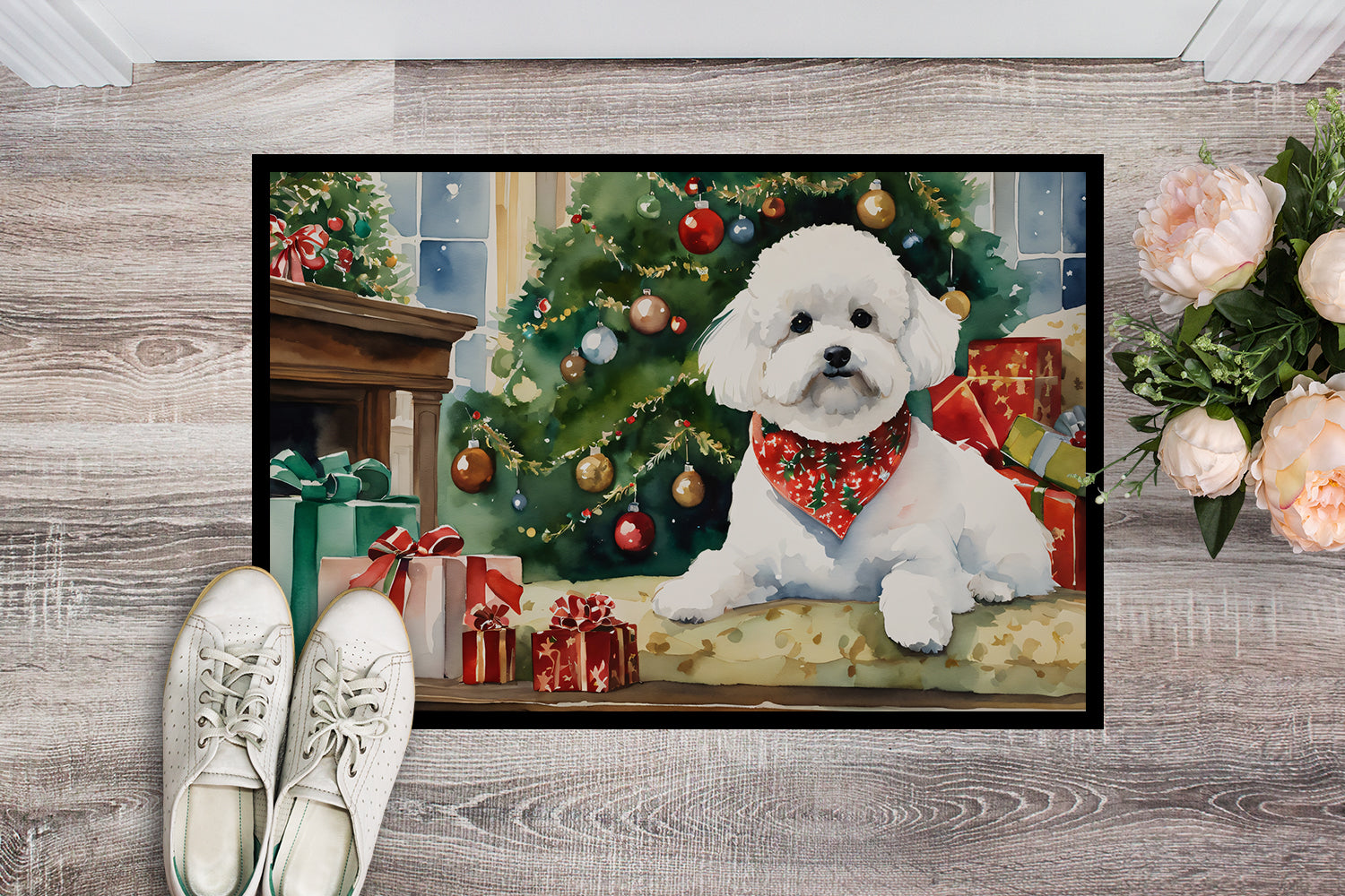 Bichon Frise Cozy Christmas Doormat Indoor Outdoor 24H X 36W Front Door Mat Rugs for Entryway, Non Slip Washable Low Pile,
