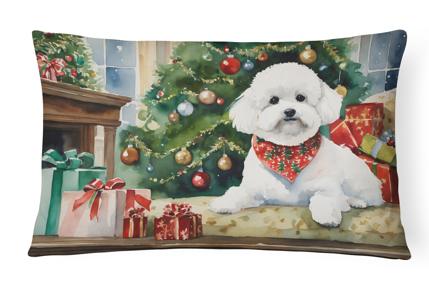 Bichon Frise Cozy Christmas Decorative Throw Pillow 12x16 Indoor Outdoor Accent Cushion, Fabric Cover with Insert for Sofa, Bed, Porch & Living Room