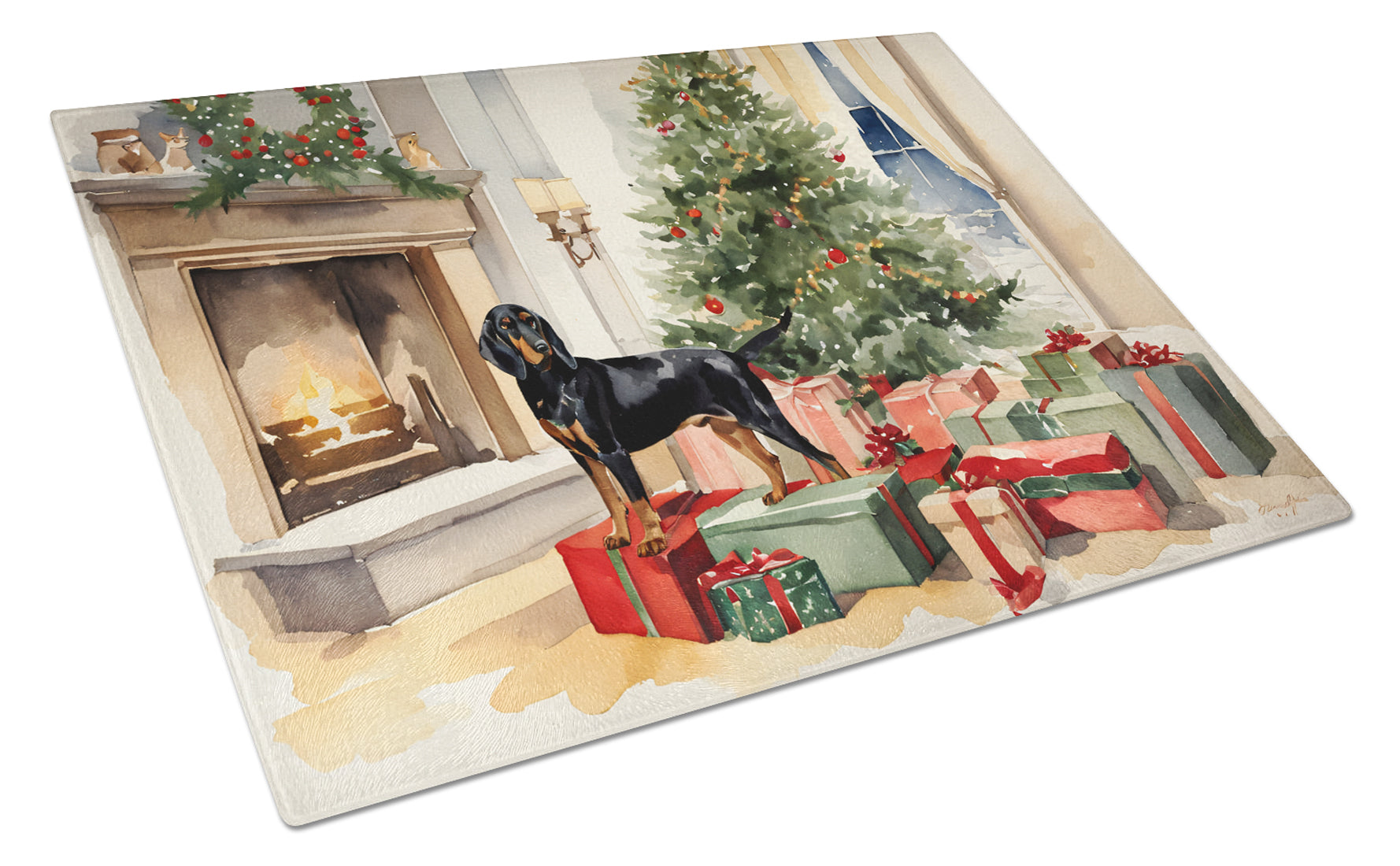 Black and Tan Coonhound Cozy Christmas Cutting Board Tempered Glass Kitchen Cutting Surface, Heat Resistant Chopping, Non-Slip Feet, Food Prep & Serving
