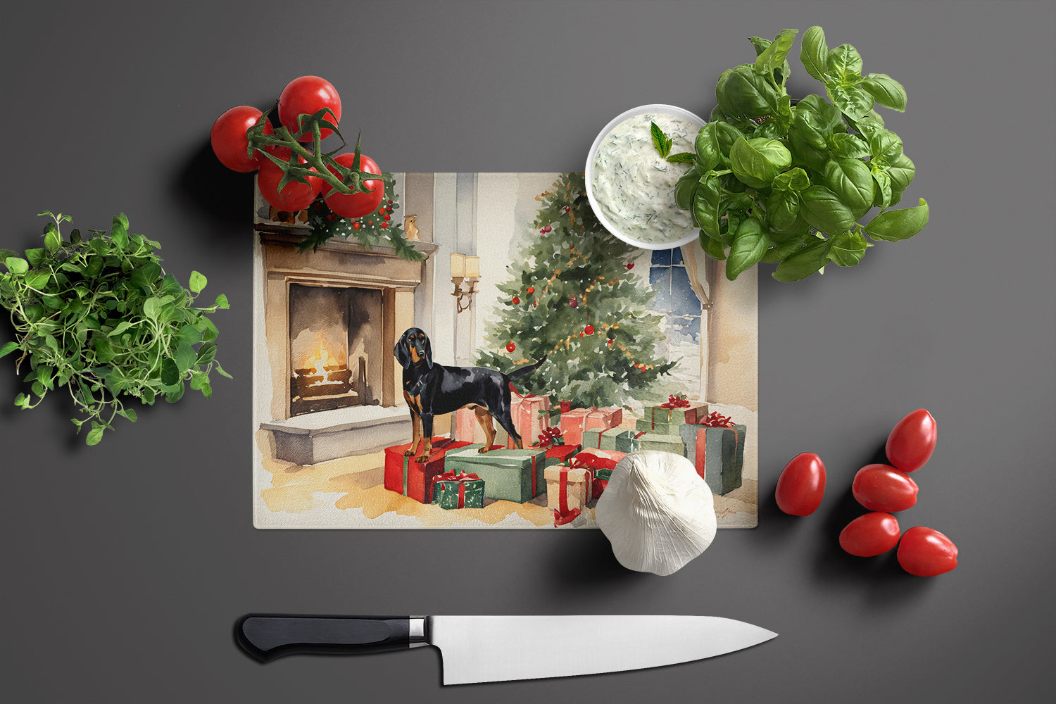 Black and Tan Coonhound Cozy Christmas Cutting Board Tempered Glass Kitchen Cutting Surface, Heat Resistant Chopping, Non-Slip Feet, Food Prep & Serving