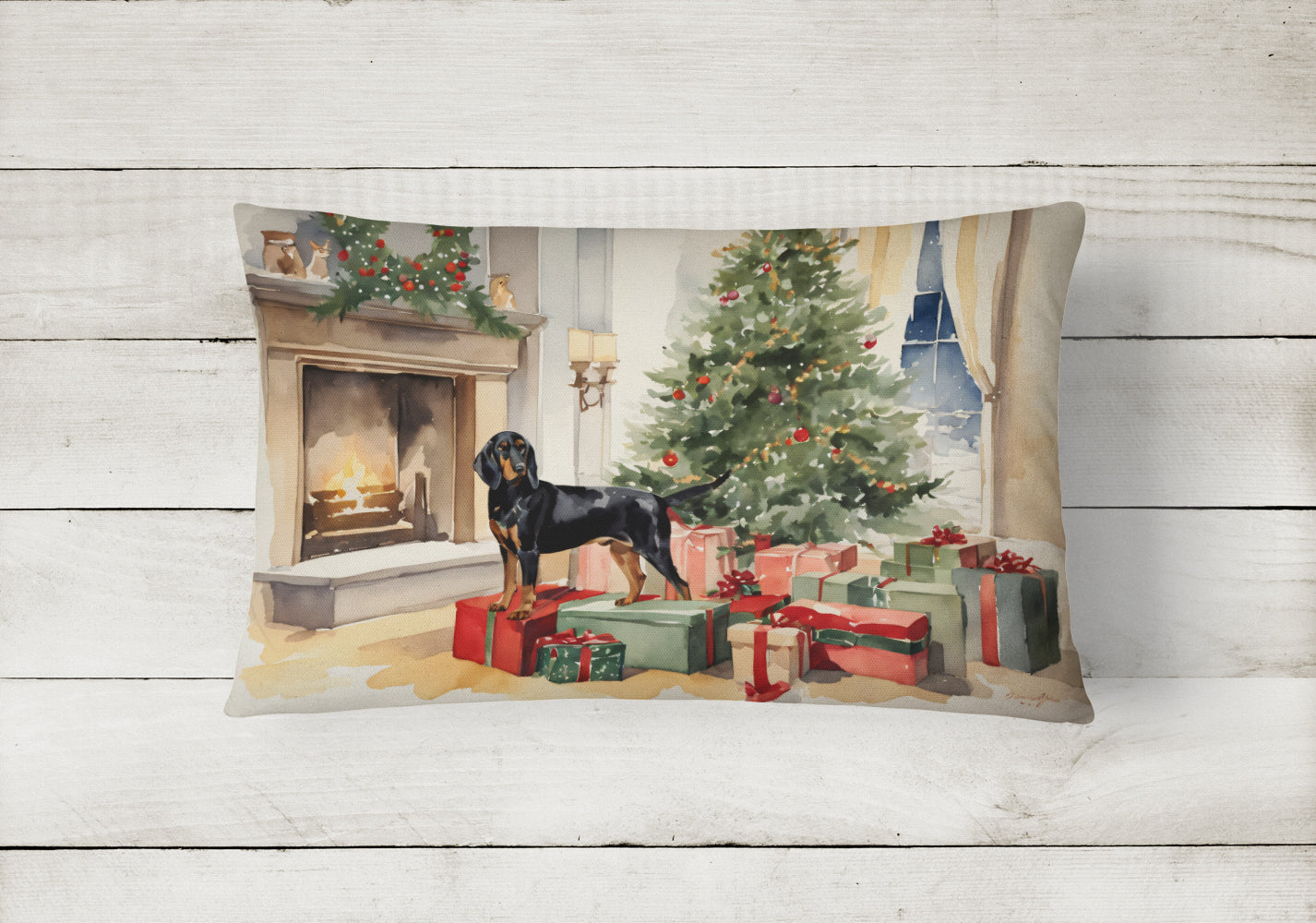 Black and Tan Coonhound Cozy Christmas Decorative Throw Pillow 12x16 Indoor Outdoor Accent Cushion, Fabric Cover with Insert for Sofa, Bed, Porch & Living Room