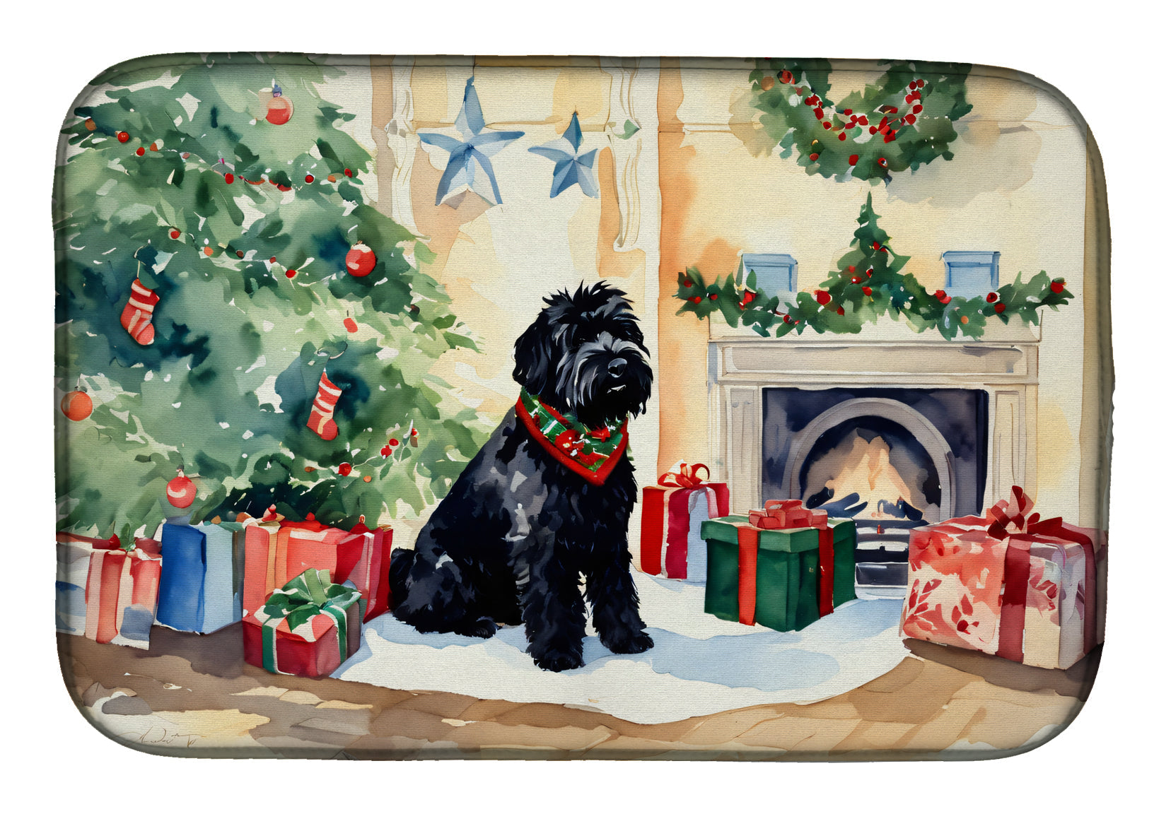 Black Russian Terrier Cozy Christmas Dish Drying Mat Absorbent Dish Drying Mat Pad for Kitchen Counter Dish Drainer Mat for Countertop, 14 x 21", Multicolor