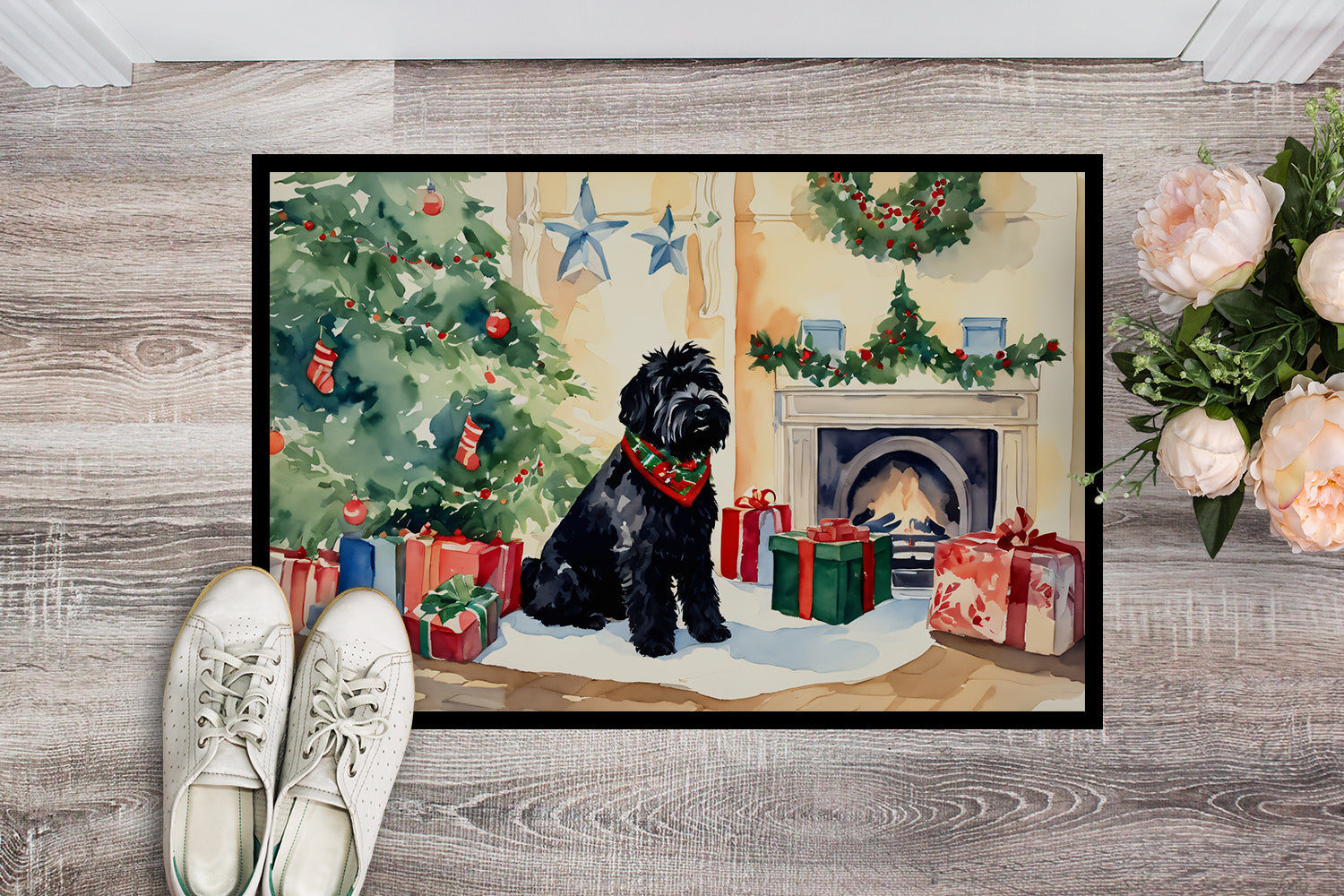 Black Russian Terrier Cozy Christmas Doormat Indoor Outdoor 18H X 27W Front Door Mat Rugs for Entryway, Non Slip Washable