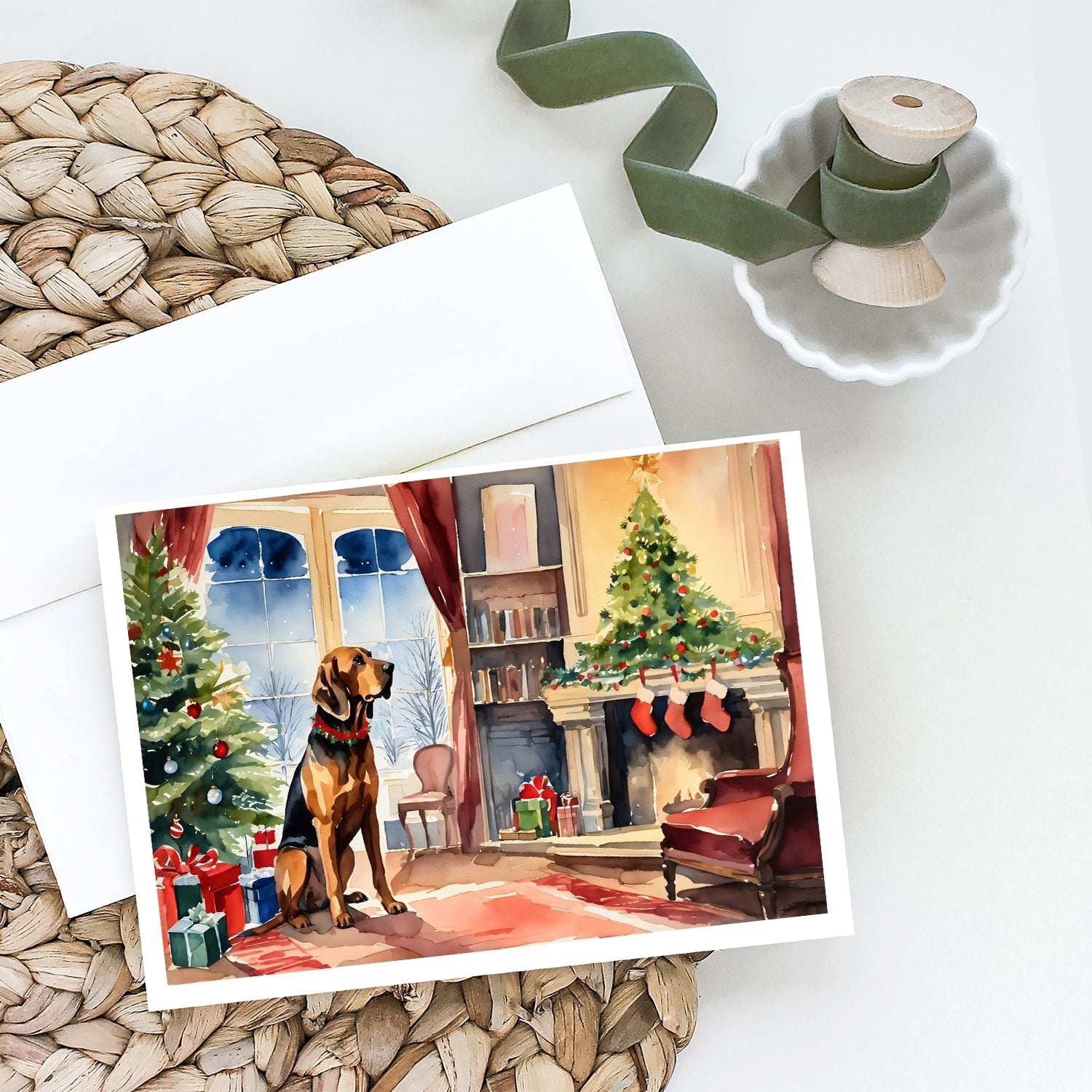 Bloodhound Cozy Christmas Greeting Cards Pack of 8 Blank Cards with Envelopes Whimsical A7 Size 5x7