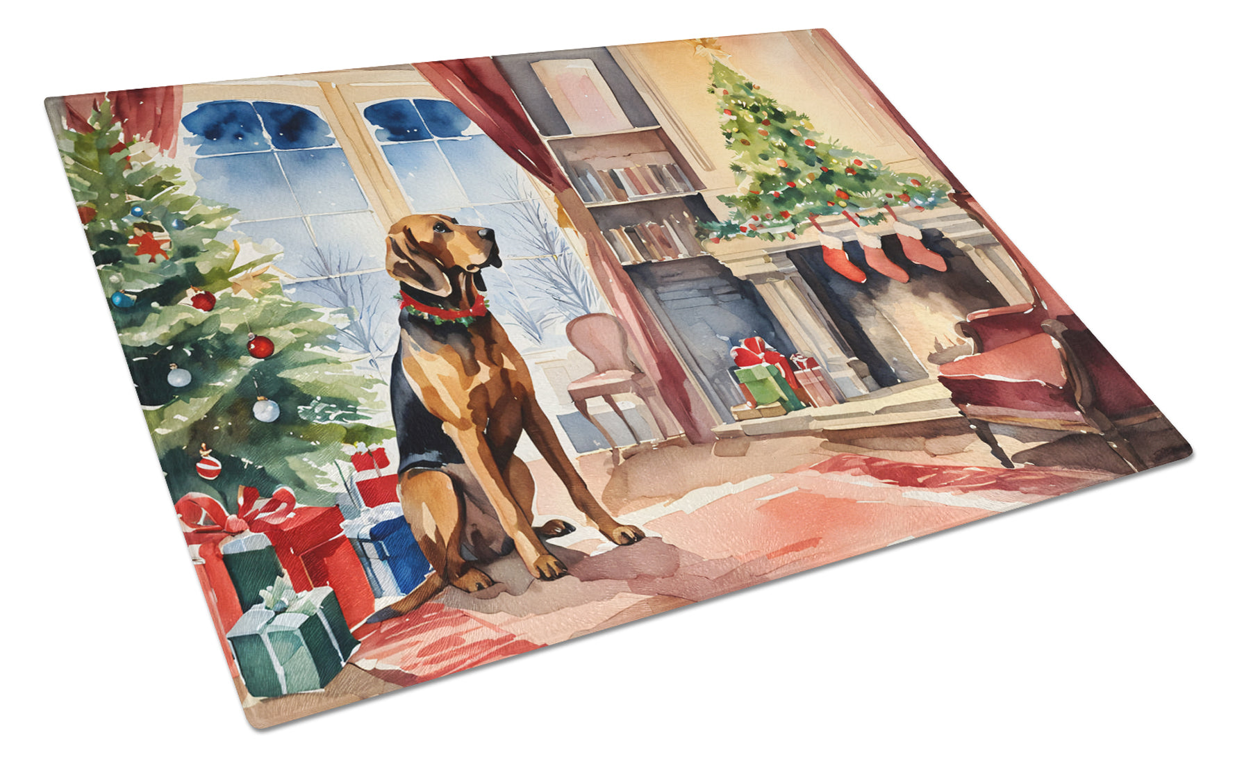 Bloodhound Cozy Christmas Cutting Board Tempered Glass Kitchen Cutting Surface, Heat Resistant Chopping, Non-Slip Feet, Food Prep & Serving