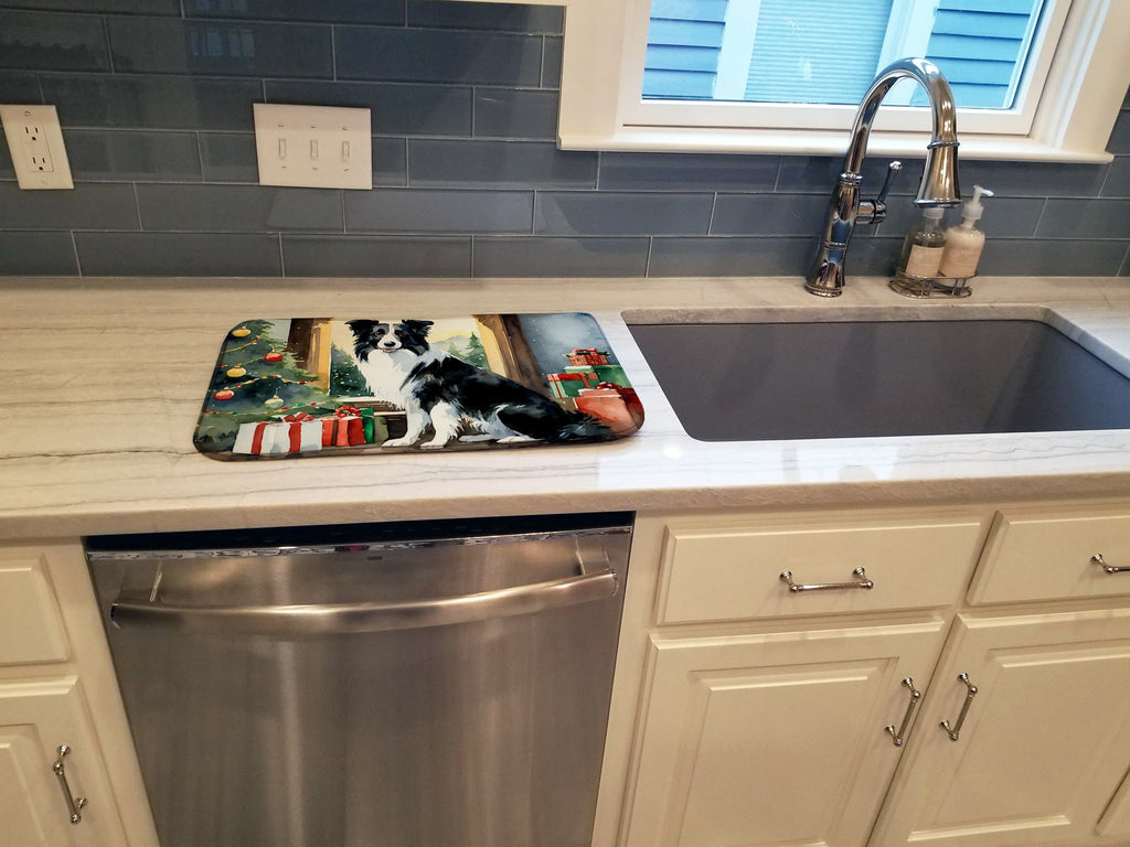 Border Collie Cozy Christmas Dish Drying Mat Absorbent Dish Drying Mat Pad for Kitchen Counter Dish Drainer Mat for Countertop, 14 x 21", Multicolor