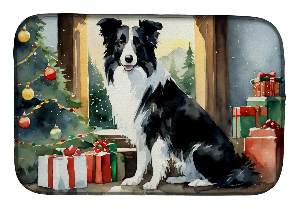 Border Collie Cozy Christmas Dish Drying Mat Absorbent Dish Drying Mat Pad for Kitchen Counter Dish Drainer Mat for Countertop, 14 x 21", Multicolor