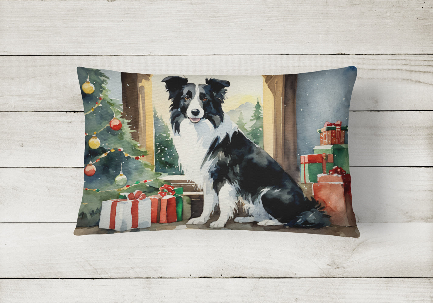 Border Collie Cozy Christmas Decorative Throw Pillow 12x16 Indoor Outdoor Accent Cushion, Fabric Cover with Insert for Sofa, Bed, Porch & Living Room