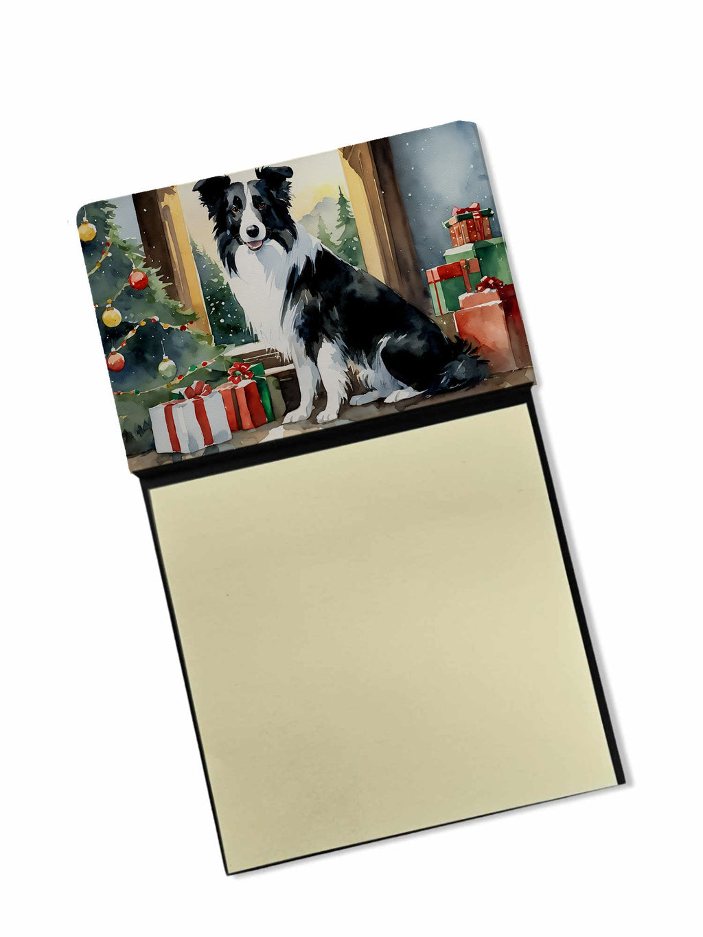 Border Collie Cozy Christmas Watercolor Sticky Note Holder Refillable Dispenser Desk Accessory 3x3 Pad Gift