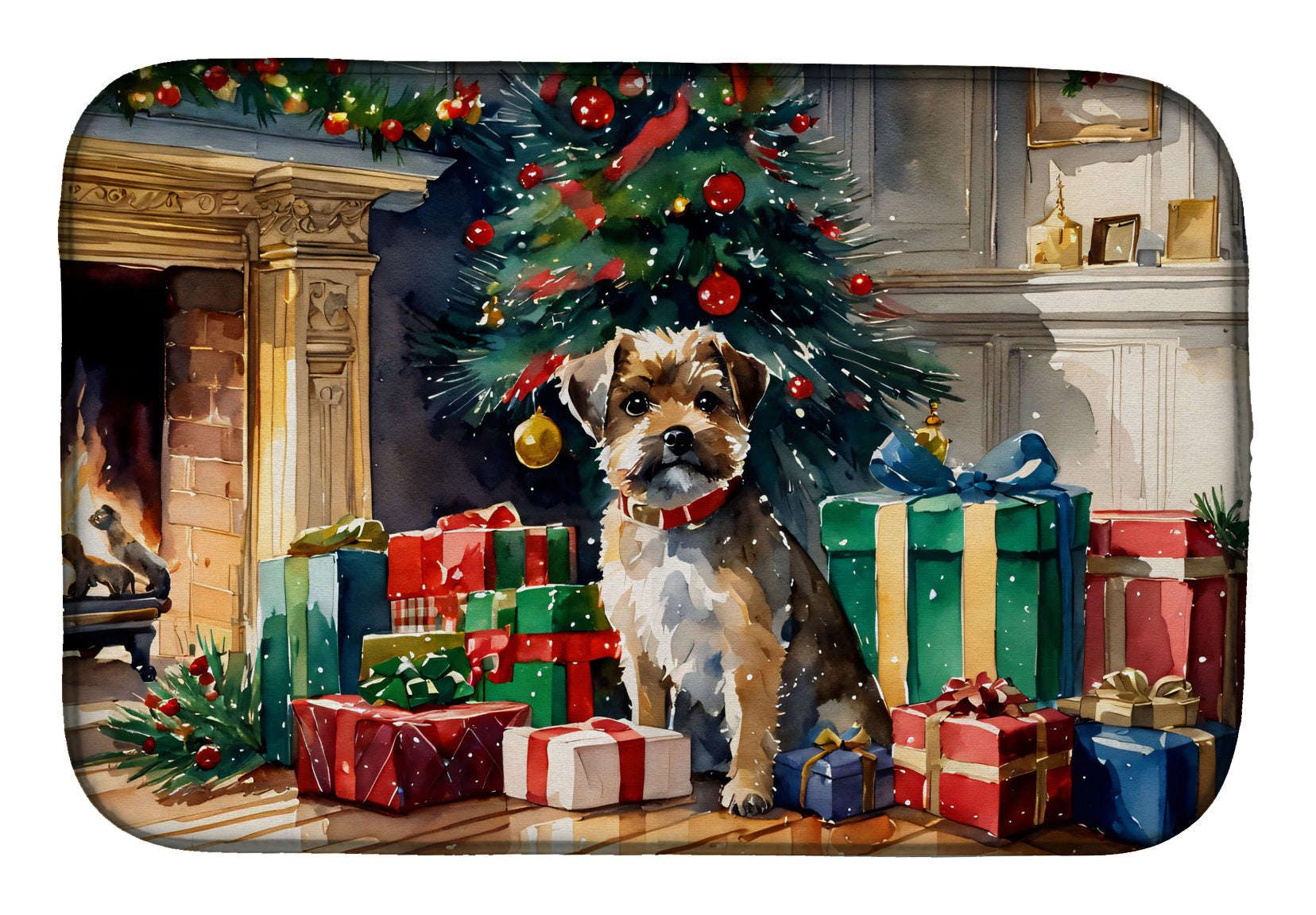 Border Terrier Cozy Christmas Dish Drying Mat Absorbent Dish Drying Mat Pad for Kitchen Counter Dish Drainer Mat for Countertop, 14 x 21", Multicolor