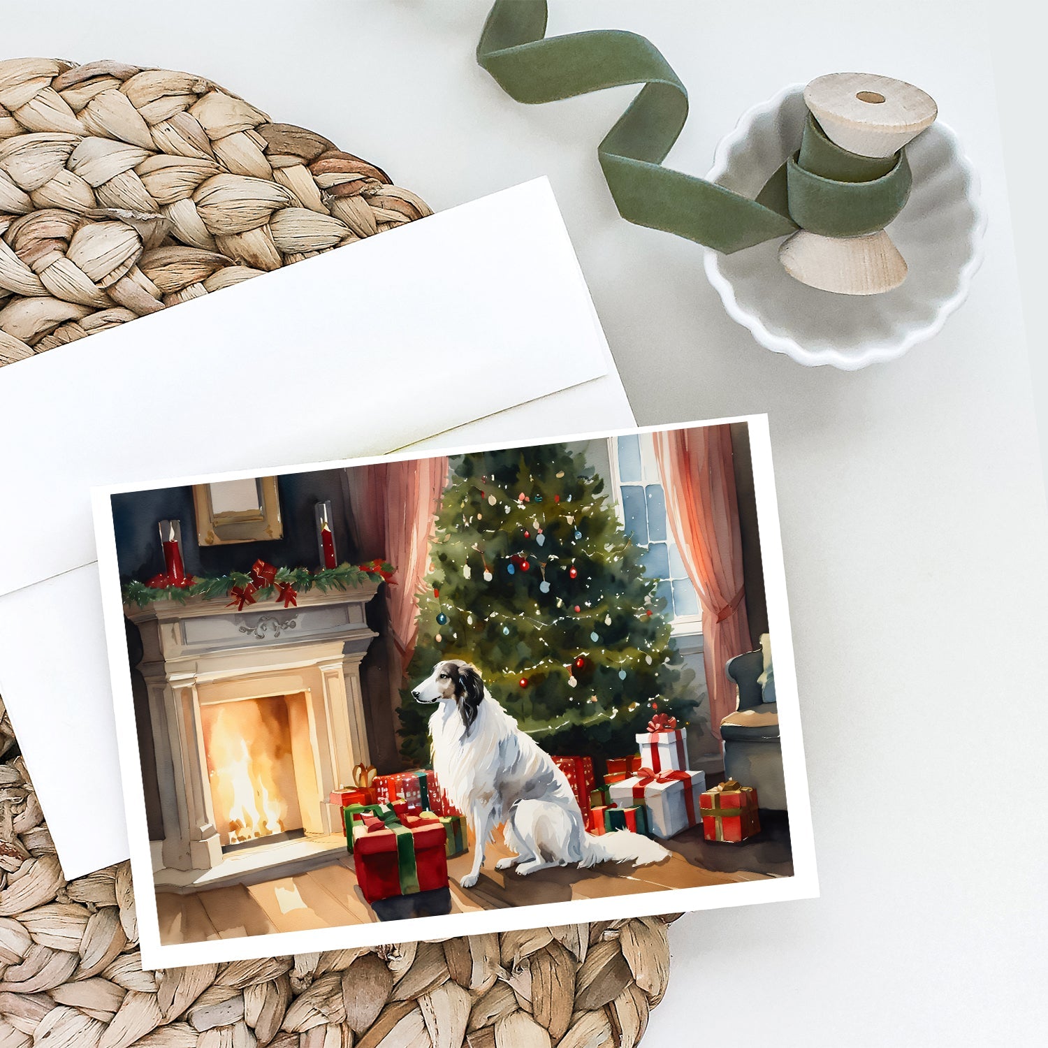 Borzoi Cozy Christmas Greeting Cards Pack of 8 Blank Cards with Envelopes Whimsical A7 Size 5x7