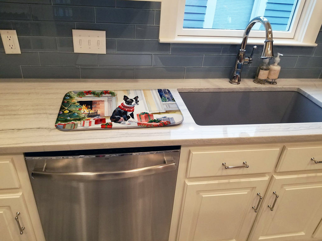 Boston Terrier Cozy Christmas Dish Drying Mat Absorbent Dish Drying Mat Pad for Kitchen Counter Dish Drainer Mat for Countertop, 14 x 21", Multicolor