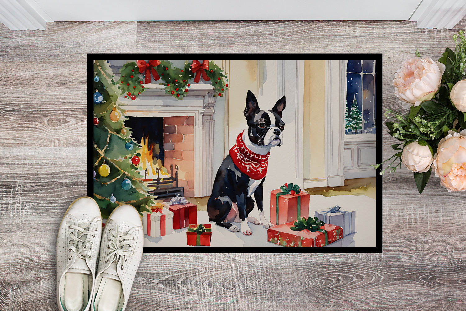 Boston Terrier Cozy Christmas Doormat Indoor Outdoor 24H X 36W Front Door Mat Rugs for Entryway, Non Slip Washable Low Pile,