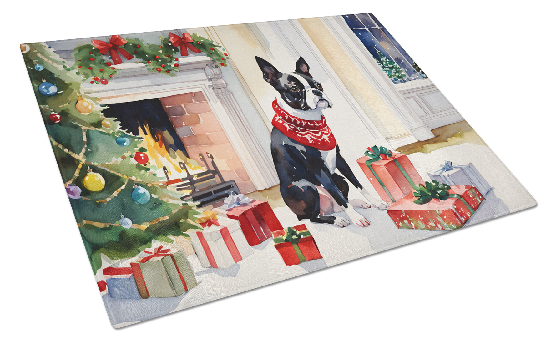 Boston Terrier Cozy Christmas Cutting Board Tempered Glass Kitchen Cutting Surface, Heat Resistant Chopping, Non-Slip Feet, Food Prep & Serving