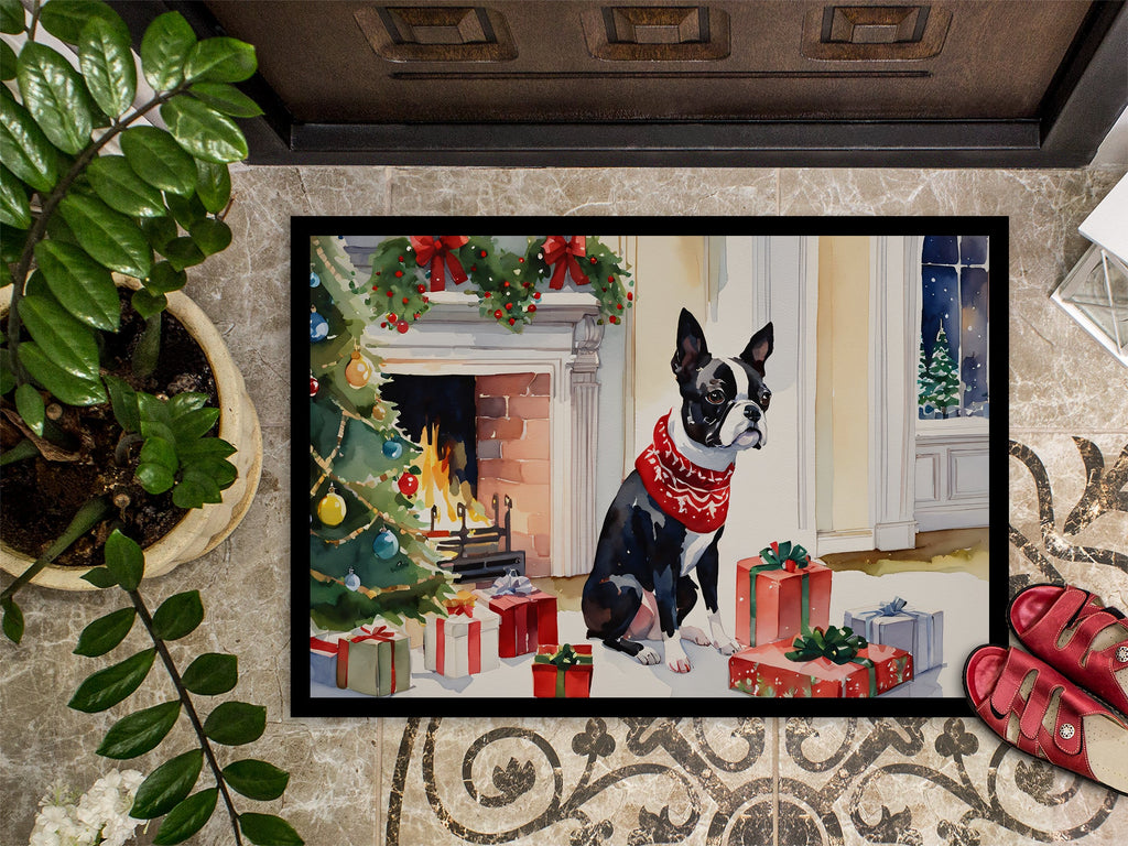 Boston Terrier Cozy Christmas Doormat Indoor Outdoor 18H X 27W Front Door Mat Rugs for Entryway, Non Slip Washable