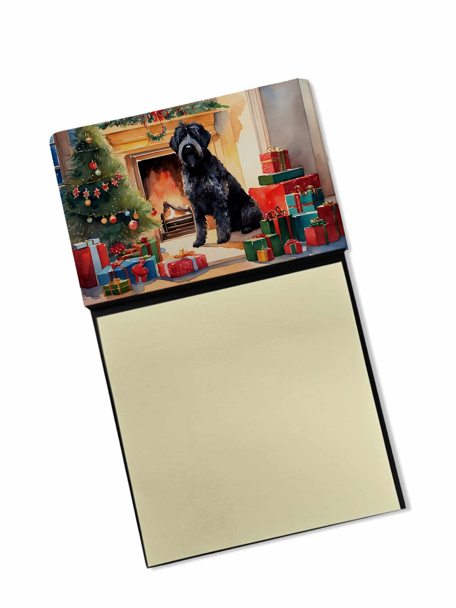 Bouvier des Flandres Cozy Christmas Watercolor Sticky Note Holder Refillable Dispenser Desk Accessory 3x3 Pad Gift