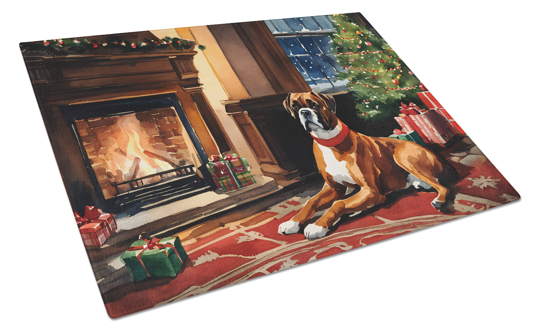 Boxer Cozy Christmas Cutting Board Tempered Glass Kitchen Cutting Surface, Heat Resistant Chopping, Non-Slip Feet, Food Prep & Serving