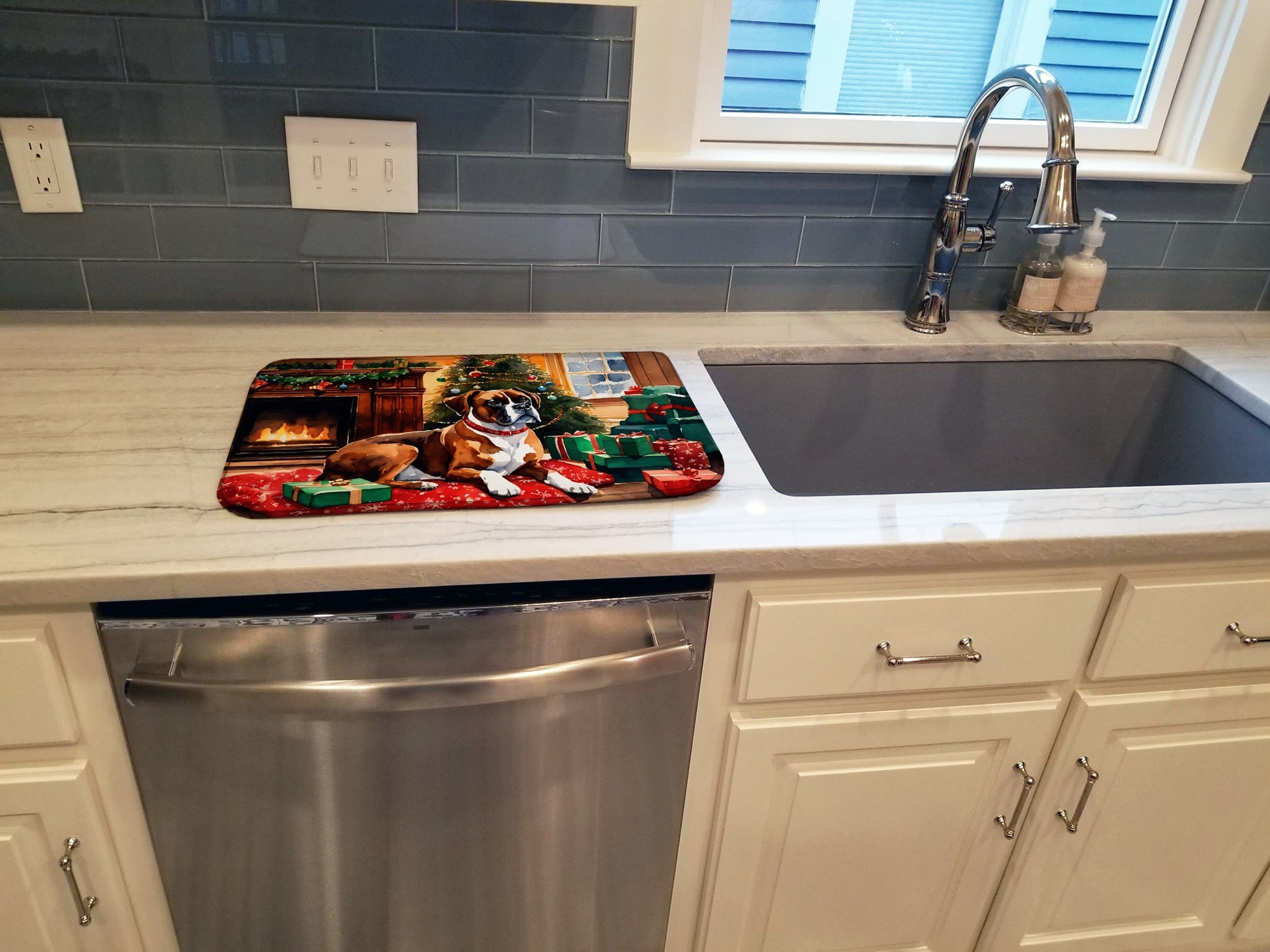 Boxer Cozy Christmas Dish Drying Mat Absorbent Dish Drying Mat Pad for Kitchen Counter Dish Drainer Mat for Countertop, 14 x 21", Multicolor