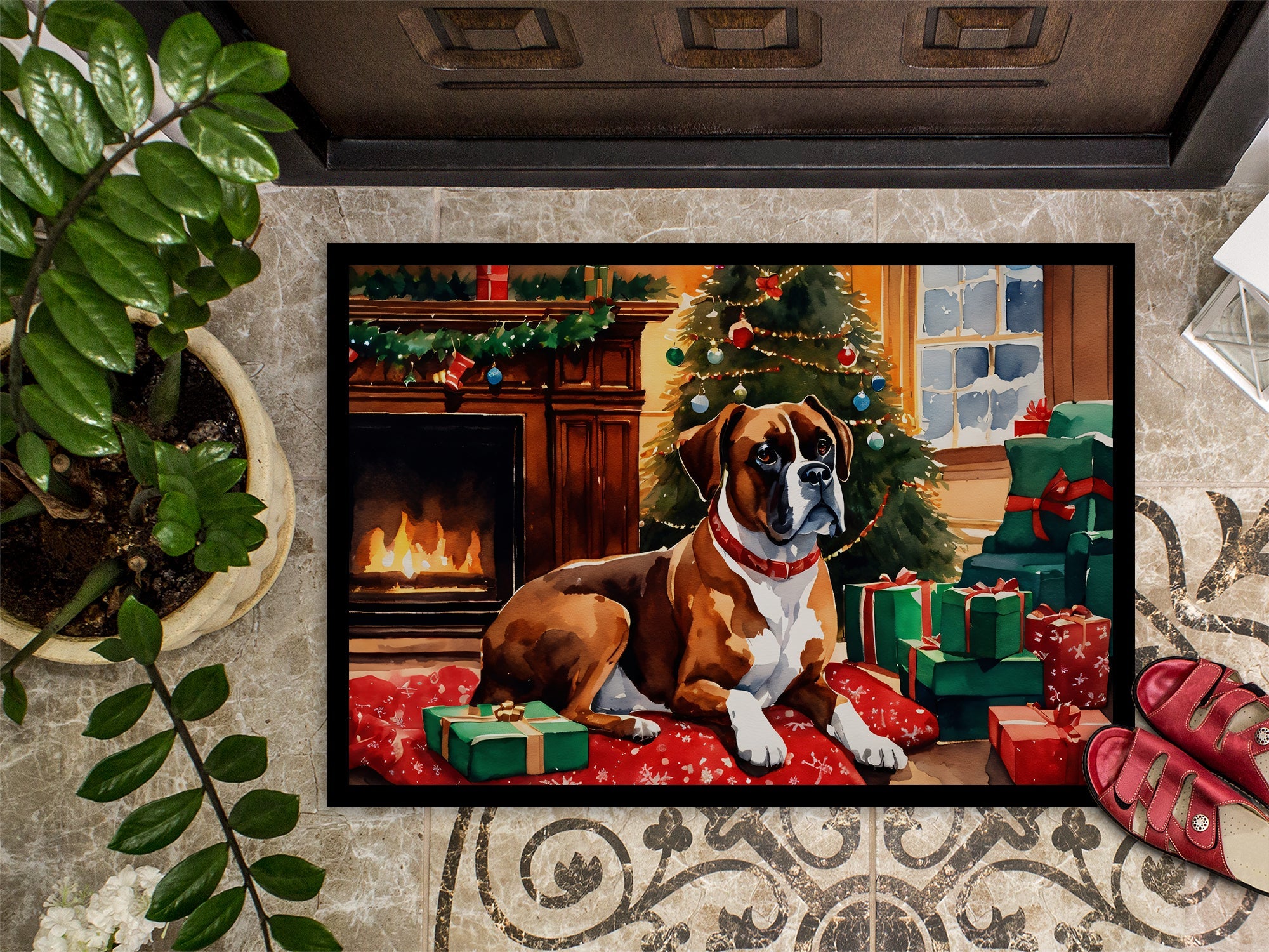 Boxer Cozy Christmas Doormat Indoor Outdoor 24H X 36W Front Door Mat Rugs for Entryway, Non Slip Washable Low Pile,