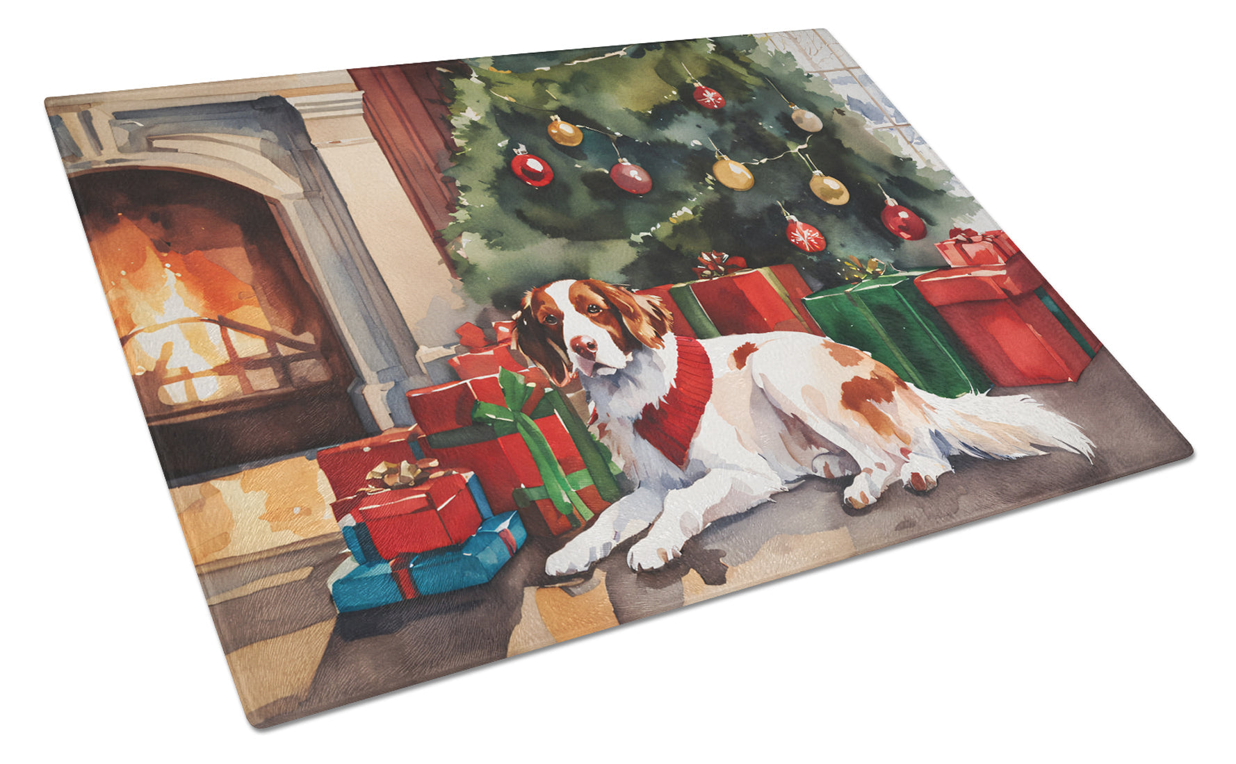 Brittany Cozy Christmas Cutting Board Tempered Glass Kitchen Cutting Surface, Heat Resistant Chopping, Non-Slip Feet, Food Prep & Serving