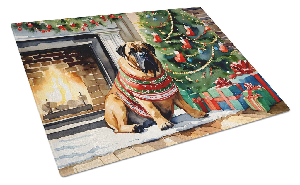 Bullmastiff Cozy Christmas Cutting Board Tempered Glass Kitchen Cutting Surface, Heat Resistant Chopping, Non-Slip Feet, Food Prep & Serving