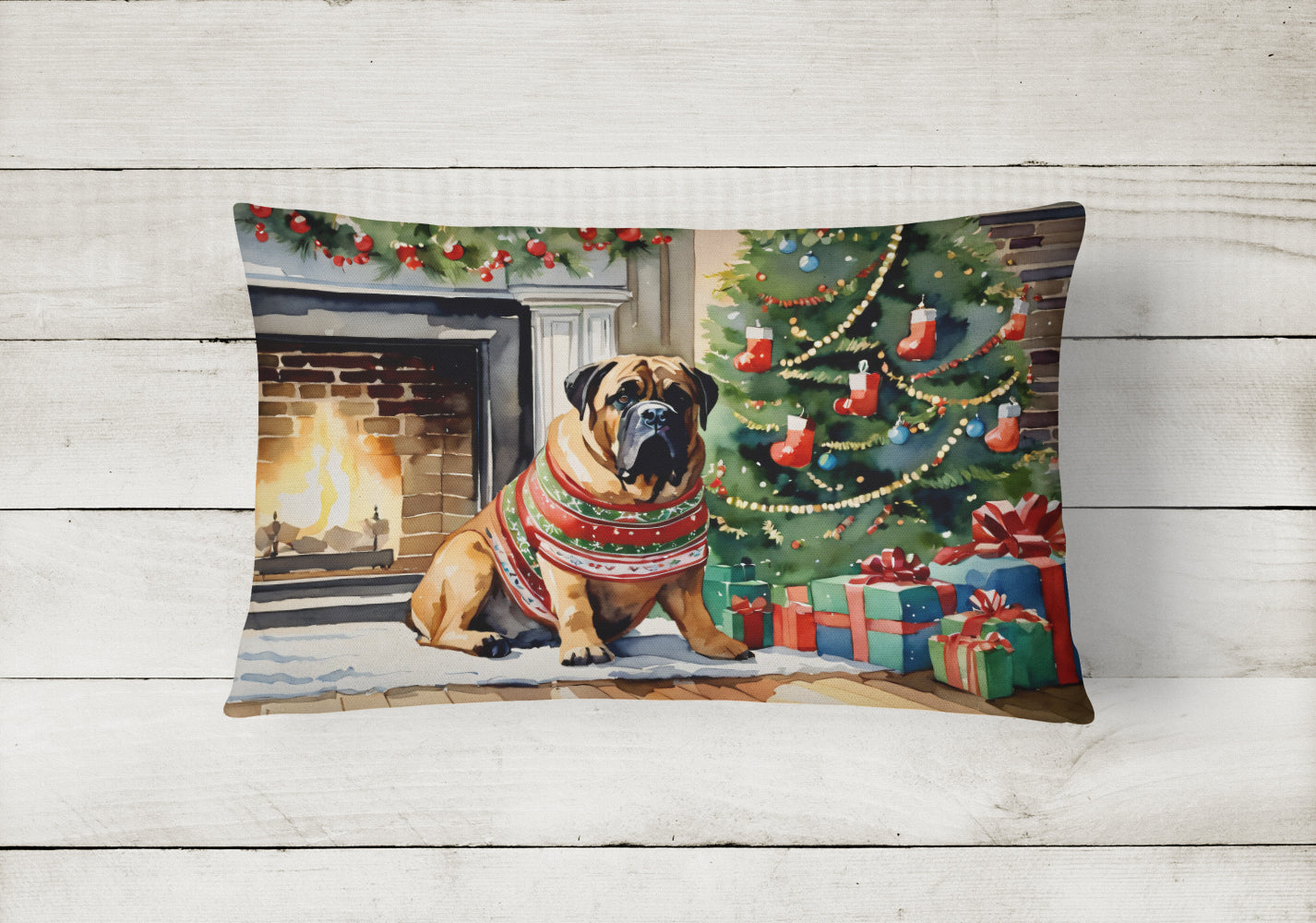 Bullmastiff Cozy Christmas Decorative Throw Pillow 12x16 Indoor Outdoor Accent Cushion, Fabric Cover with Insert for Sofa, Bed, Porch & Living Room