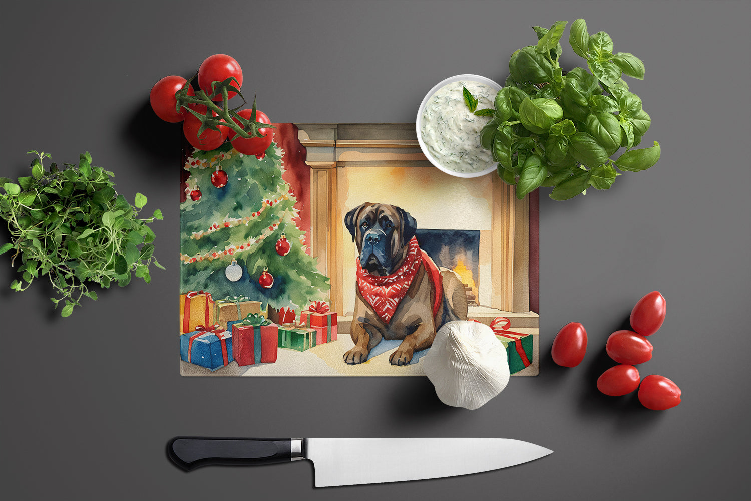 Bullmastiff Cozy Christmas Cutting Board Tempered Glass Kitchen Cutting Surface, Heat Resistant Chopping, Non-Slip Feet, Food Prep & Serving