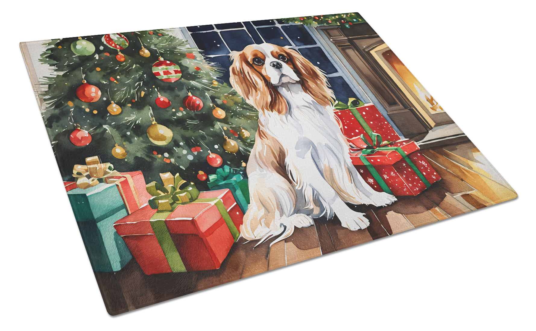 Cavalier Spaniel Cozy Christmas Cutting Board Tempered Glass Kitchen Cutting Surface, Heat Resistant Chopping, Non-Slip Feet, Food Prep & Serving