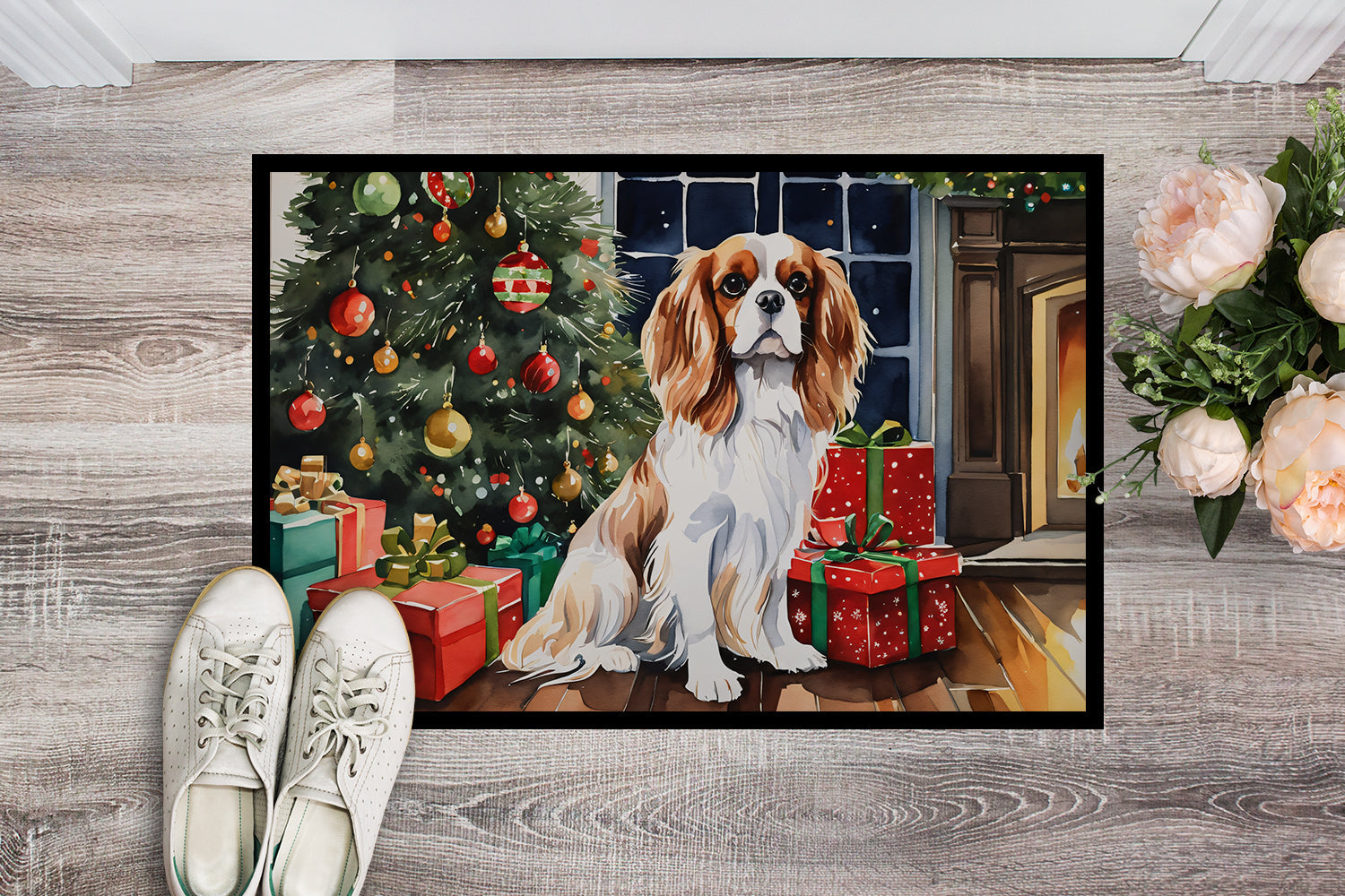 Cavalier Spaniel Cozy Christmas Doormat Indoor Outdoor 18H X 27W Front Door Mat Rugs for Entryway, Non Slip Washable