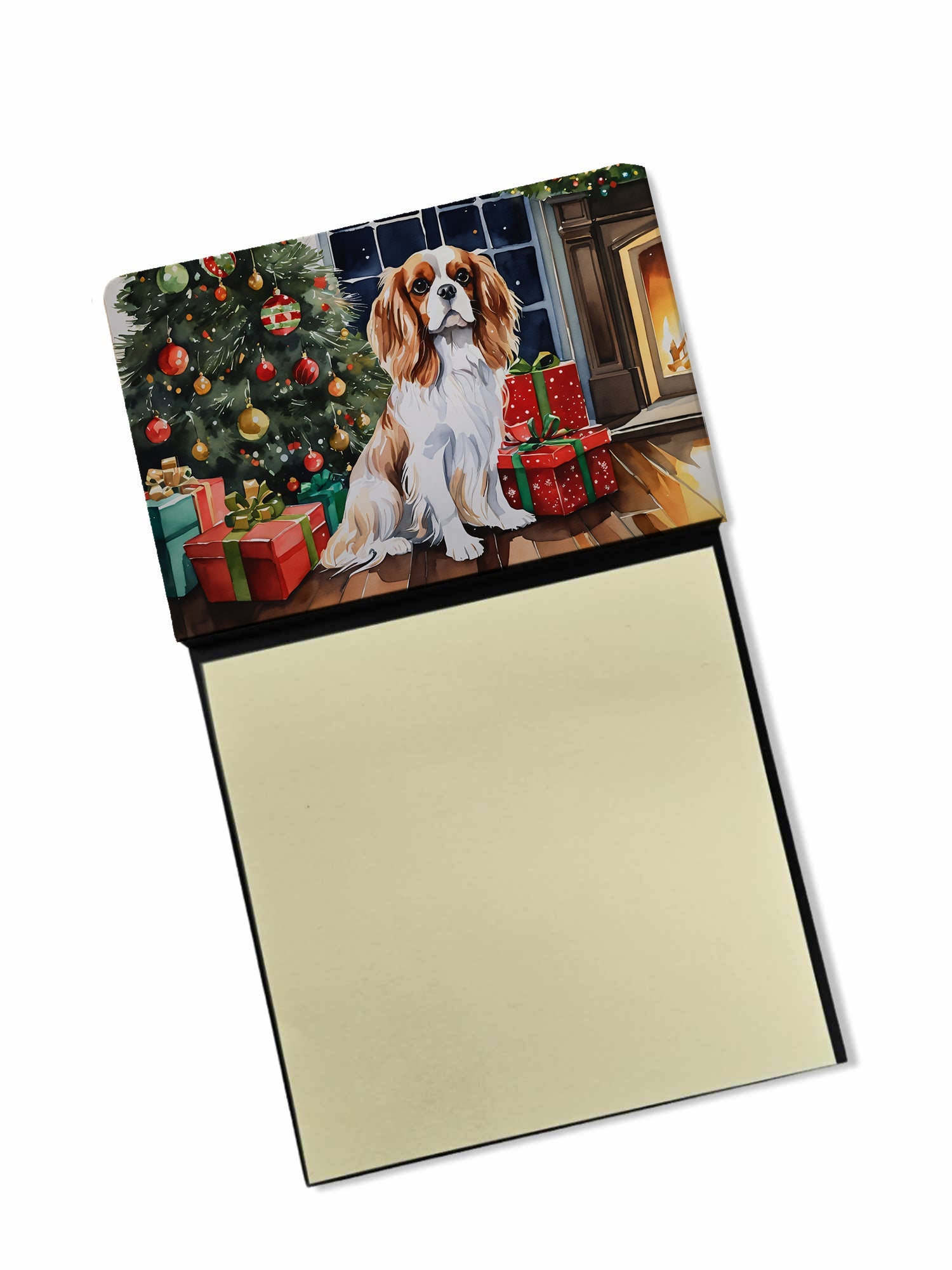 Cavalier Spaniel Cozy Christmas Watercolor Sticky Note Holder Refillable Dispenser Desk Accessory 3x3 Pad Gift
