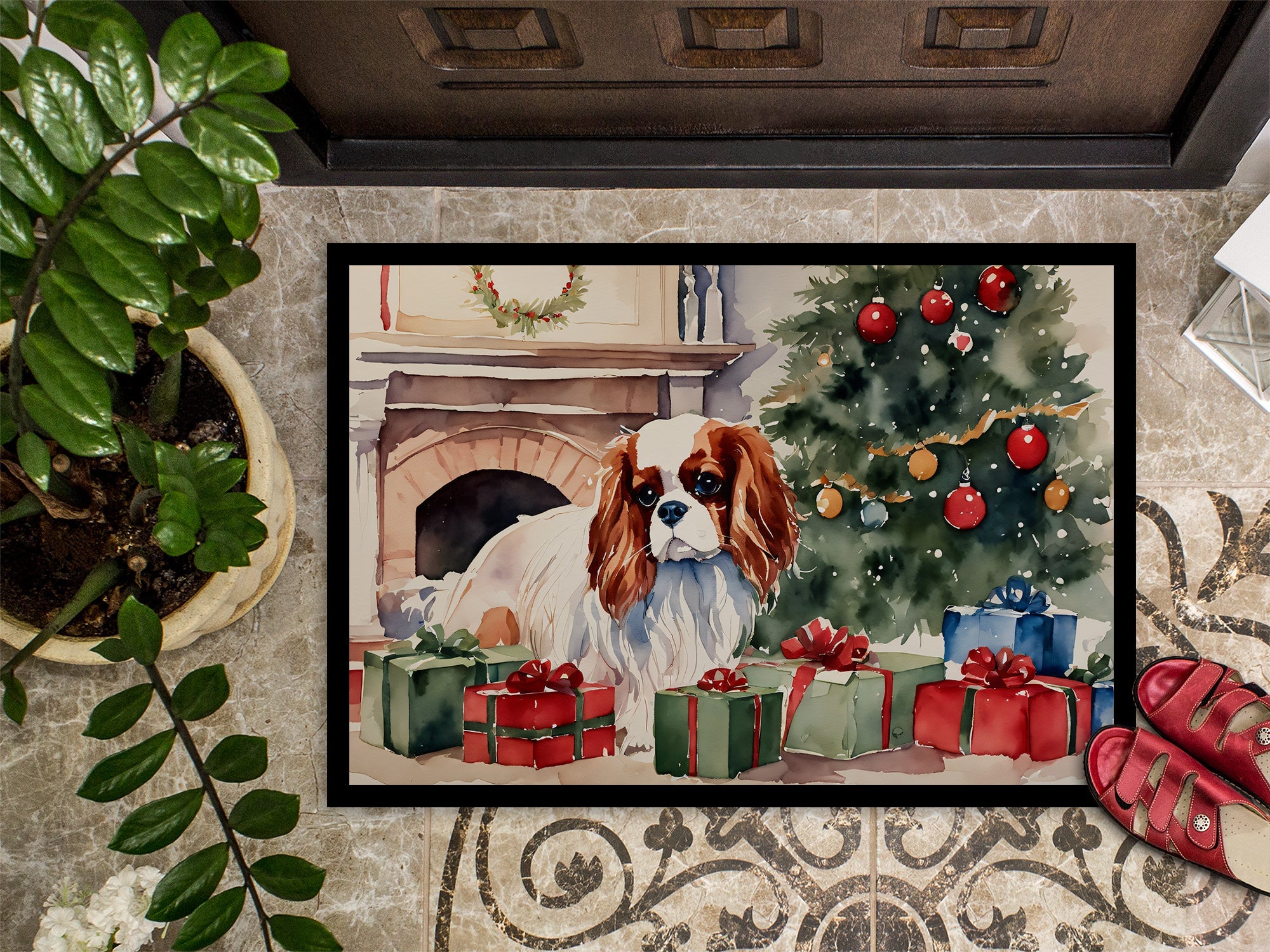 Cavalier Spaniel Cozy Christmas Doormat Indoor Outdoor 24H X 36W Front Door Mat Rugs for Entryway, Non Slip Washable Low Pile,