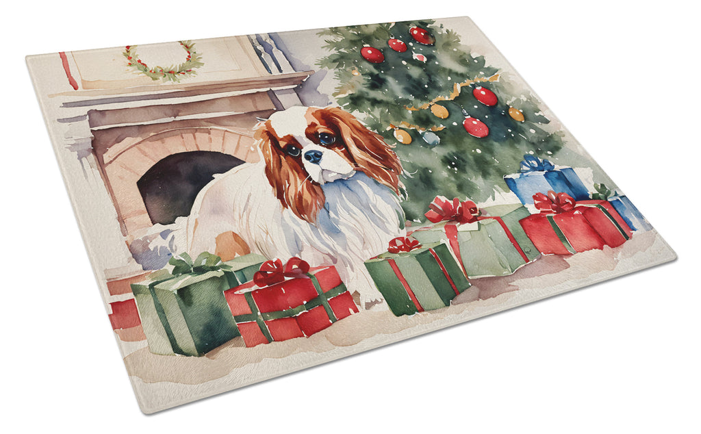 Cavalier Spaniel Cozy Christmas Cutting Board Tempered Glass Kitchen Cutting Surface, Heat Resistant Chopping, Non-Slip Feet, Food Prep & Serving
