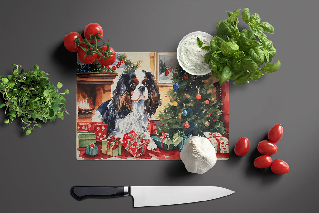 Cavalier Spaniel Cozy Christmas Cutting Board Tempered Glass Kitchen Cutting Surface, Heat Resistant Chopping, Non-Slip Feet, Food Prep & Serving