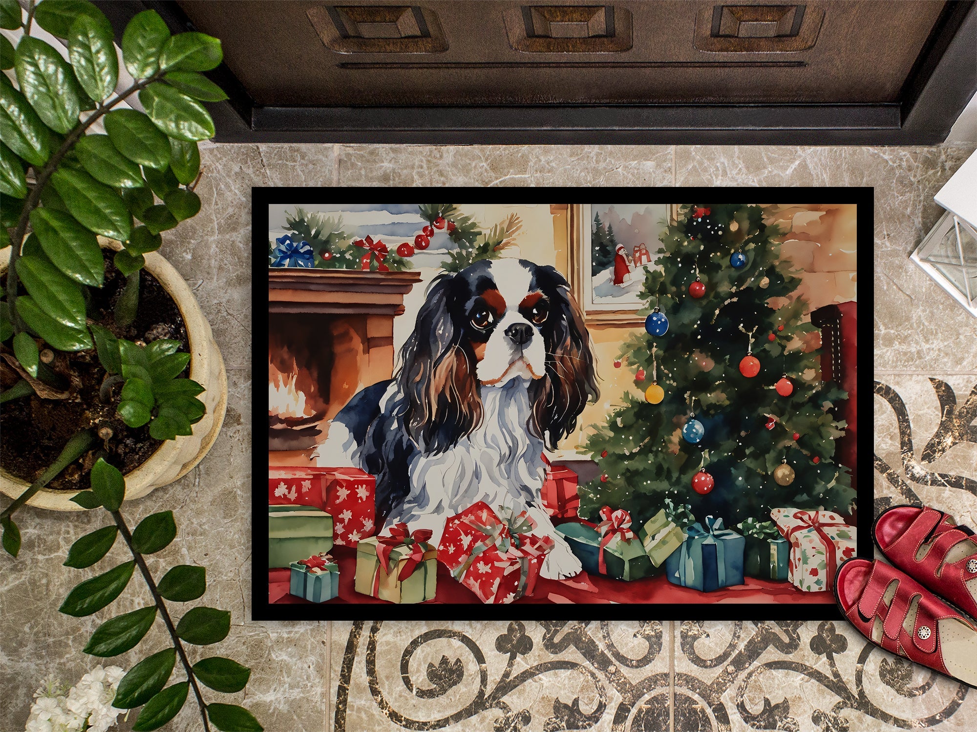 Cavalier Spaniel Cozy Christmas Doormat Indoor Outdoor 18H X 27W Front Door Mat Rugs for Entryway, Non Slip Washable
