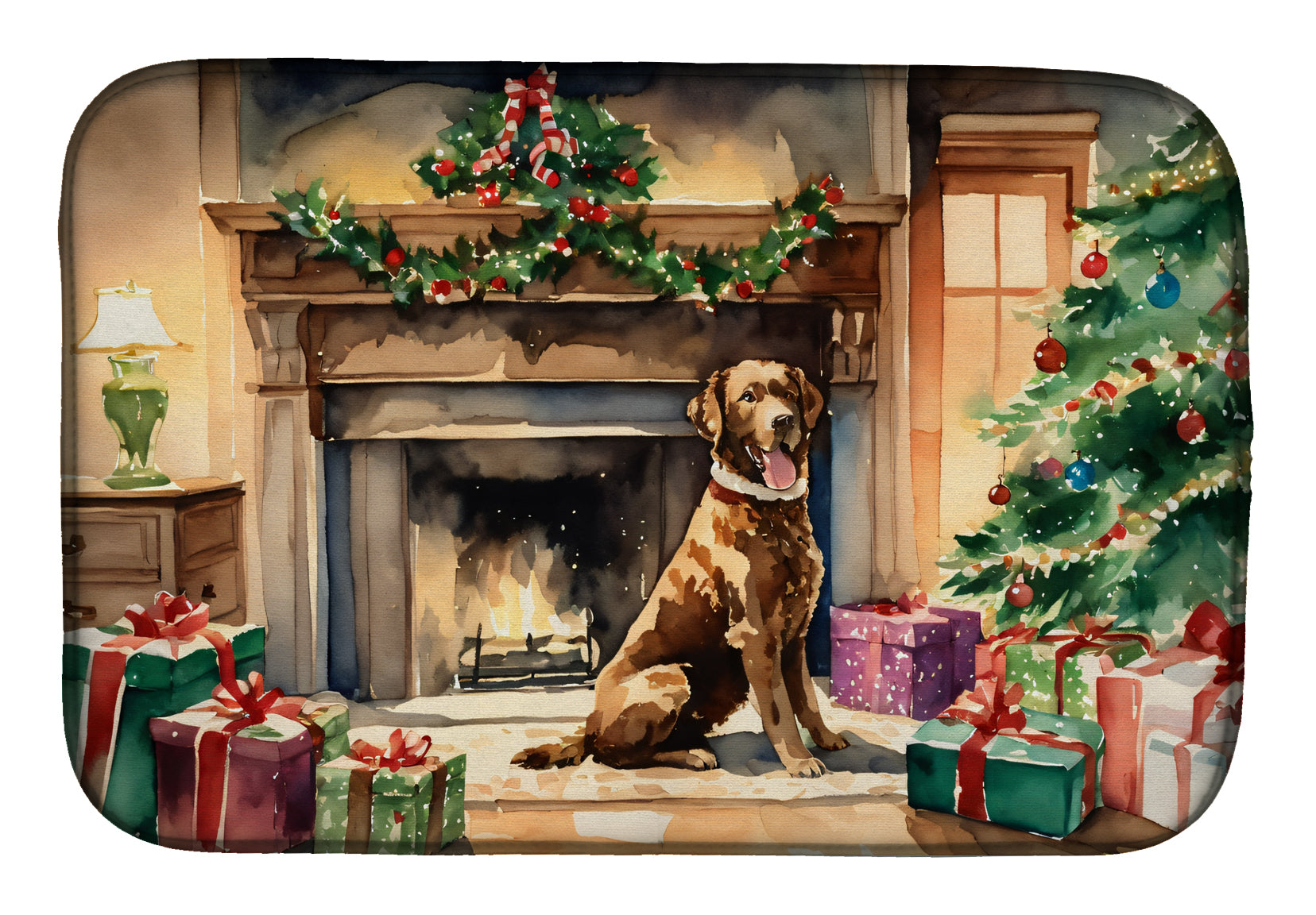 Chesapeake Bay Retriever Cozy Christmas Dish Drying Mat Absorbent Dish Drying Mat Pad for Kitchen Counter Dish Drainer Mat for Countertop, 14 x 21", Multicolor