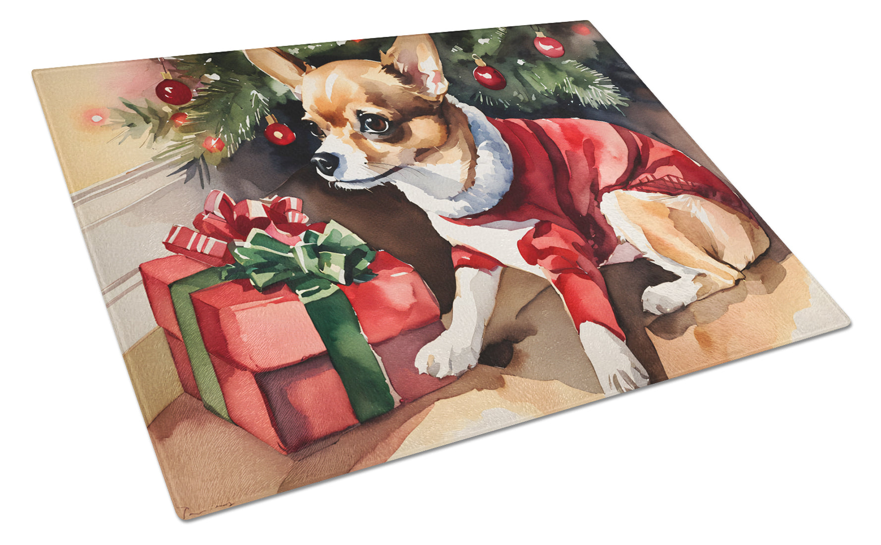 Chihuahua Cozy Christmas Cutting Board Tempered Glass Kitchen Cutting Surface, Heat Resistant Chopping, Non-Slip Feet, Food Prep & Serving