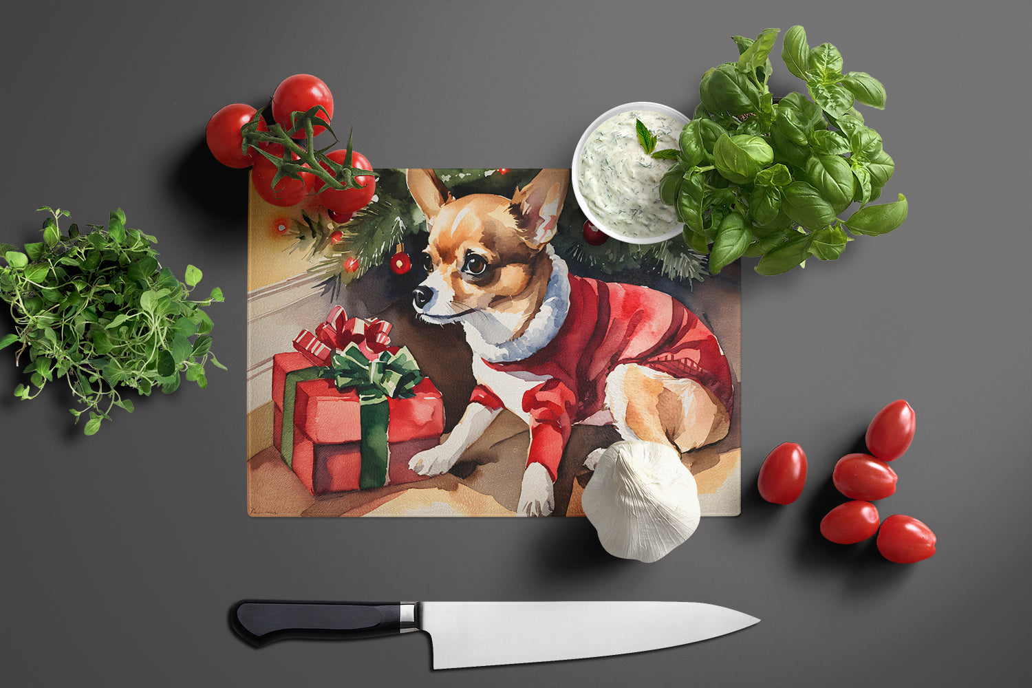 Chihuahua Cozy Christmas Cutting Board Tempered Glass Kitchen Cutting Surface, Heat Resistant Chopping, Non-Slip Feet, Food Prep & Serving