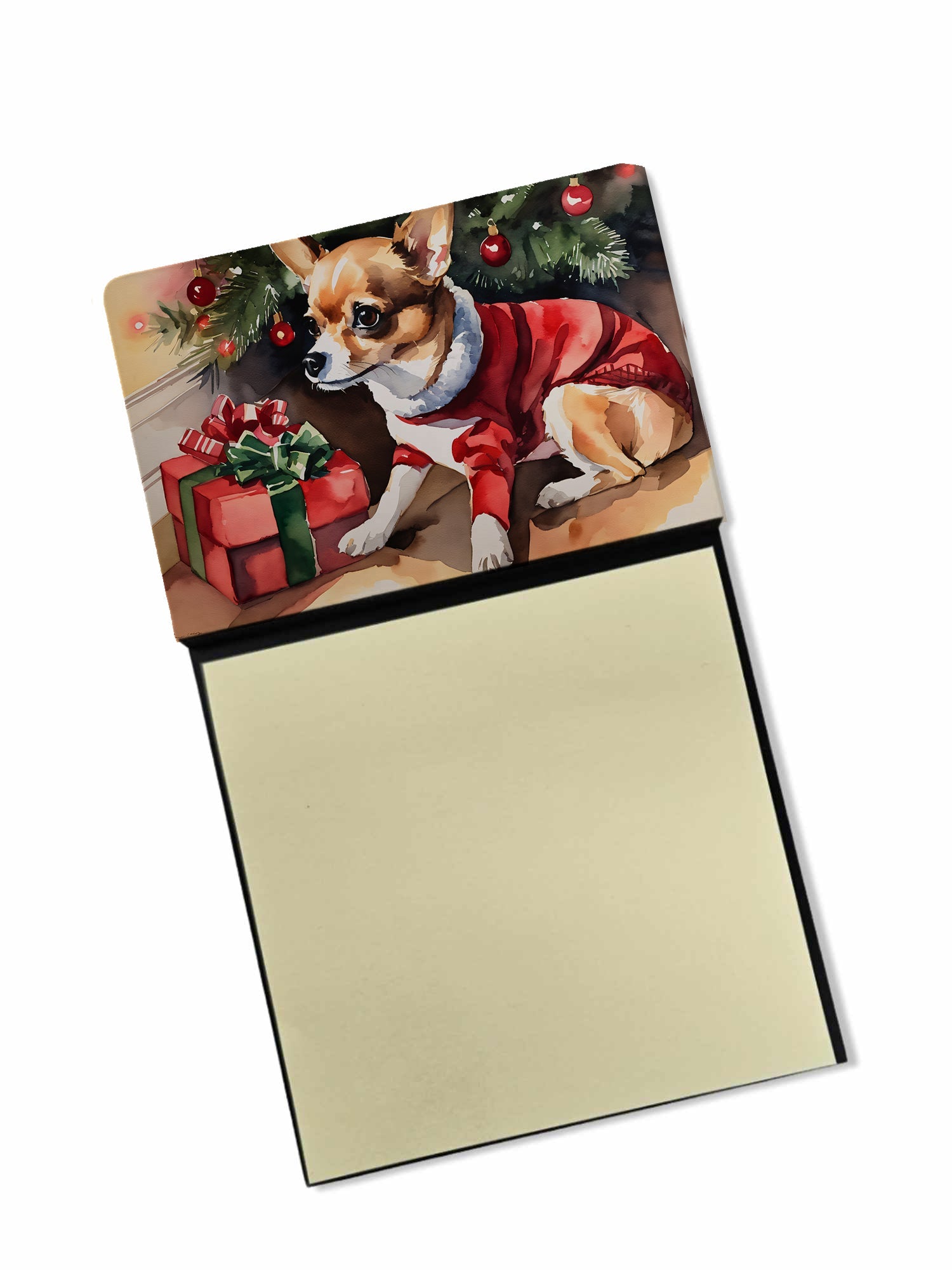 Chihuahua Cozy Christmas Watercolor Sticky Note Holder Refillable Dispenser Desk Accessory 3x3 Pad Gift