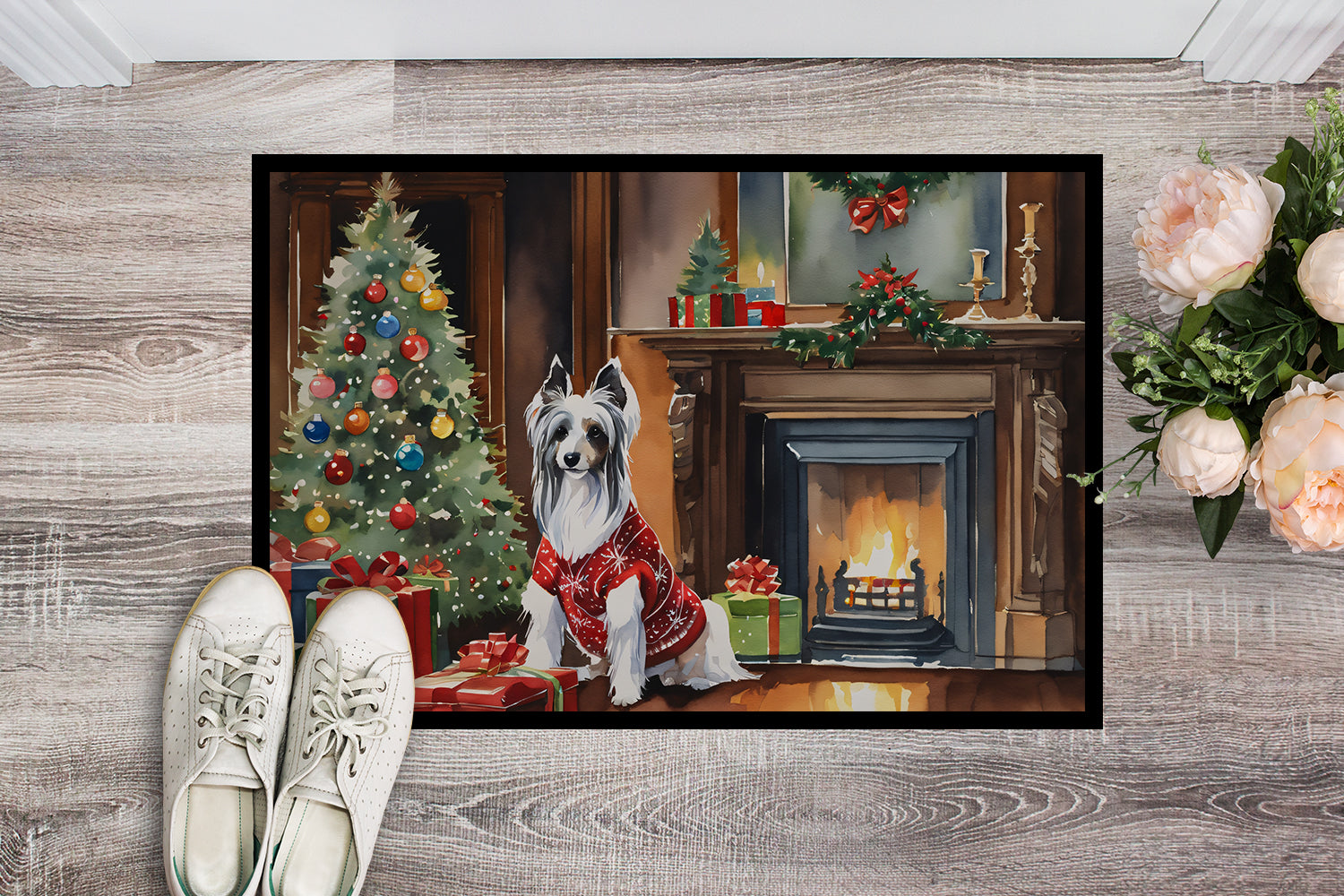 Chinese Crested Cozy Christmas Doormat Indoor Outdoor 24H X 36W Front Door Mat Rugs for Entryway, Non Slip Washable Low Pile,
