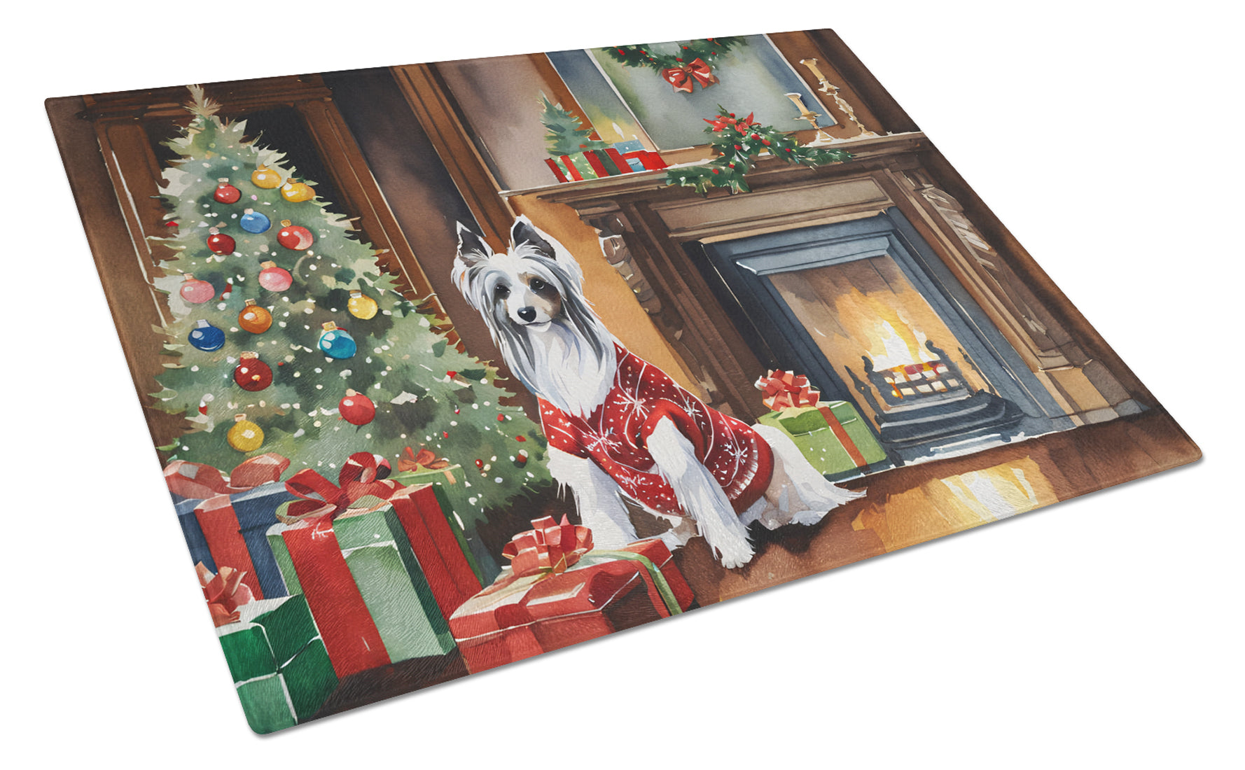 Chinese Crested Cozy Christmas Cutting Board Tempered Glass Kitchen Cutting Surface, Heat Resistant Chopping, Non-Slip Feet, Food Prep & Serving